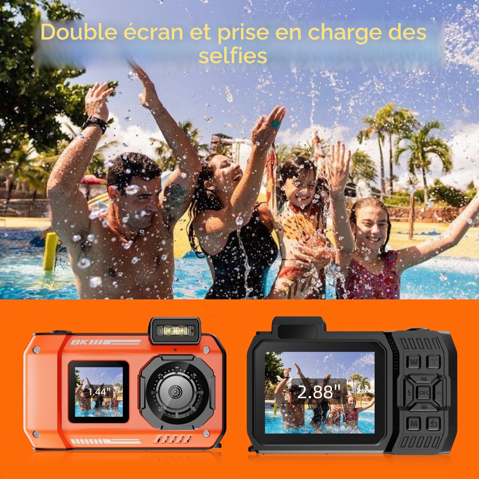 MaxMango D50 8K 70MP Appareil Photo Etanche，33FT Camera Etanche avec 64 Go de Stockage, Double écran 18x, Résistante à la Poussière et Aux Chocs, Autofocus