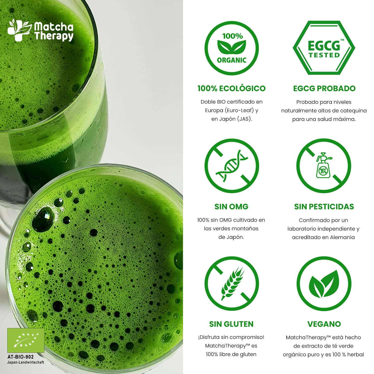 MatchaTherapy 130+ | Té Matcha 100% Ecológico | 60g | Al menos 130 mg/g de contenido de catequina probado EGCG | Apoya el sistema inmune & Nivel de Energia | Grado Premium | Té verde de Japón
