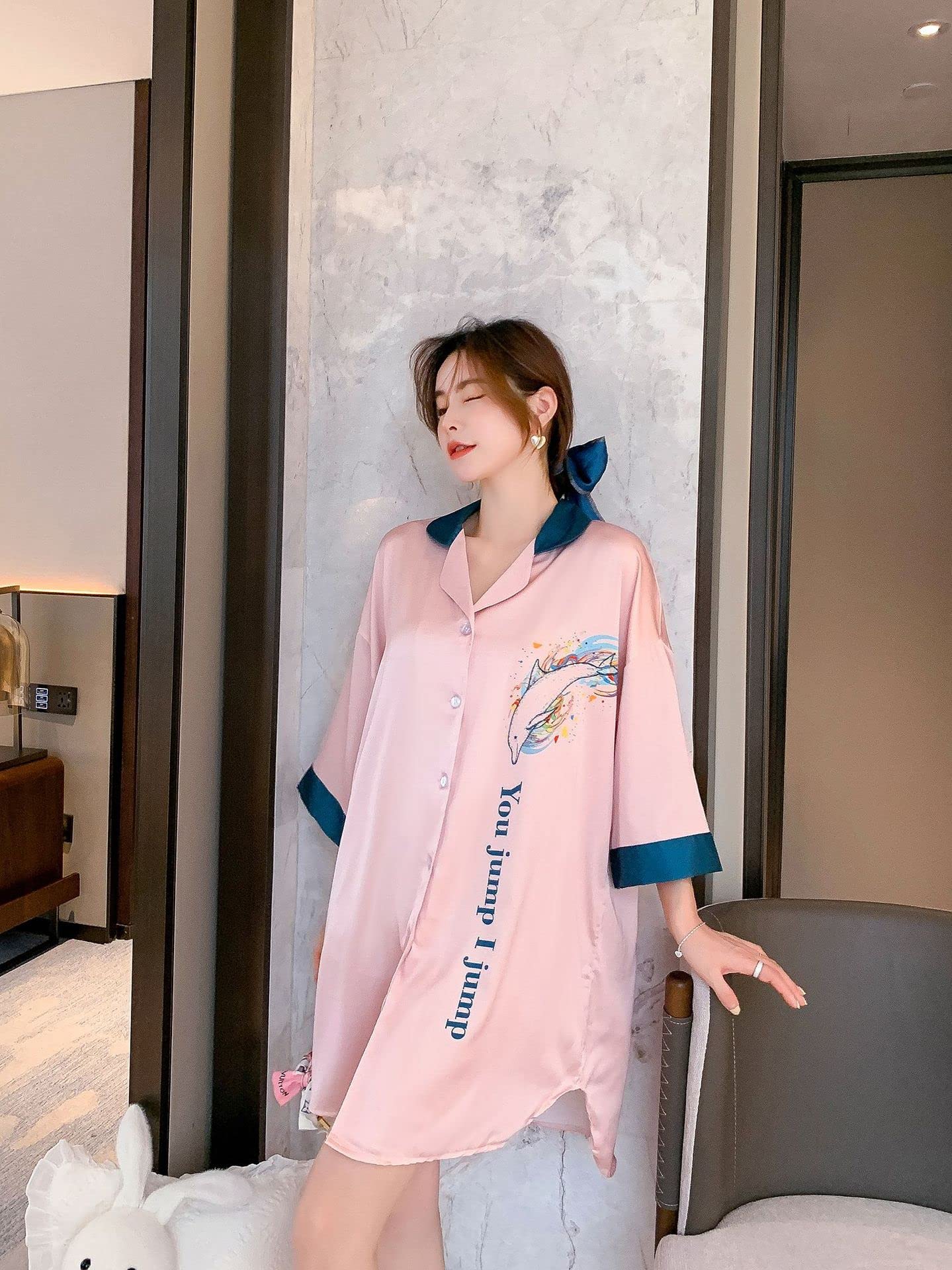 URYYRIT Schlafanzug Gelbe Dünne Home Ice Seide Pyjamas Frauen Sommer Dreiviertelhülle Gedruckt Nachthemd Home Service Shirt Rock