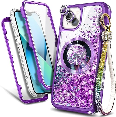 Funda magnética para iPhone 13 compatible con MagSafe protector de pantalla integrado cordón de correa de muñeca de diamante, bonita funda líquida