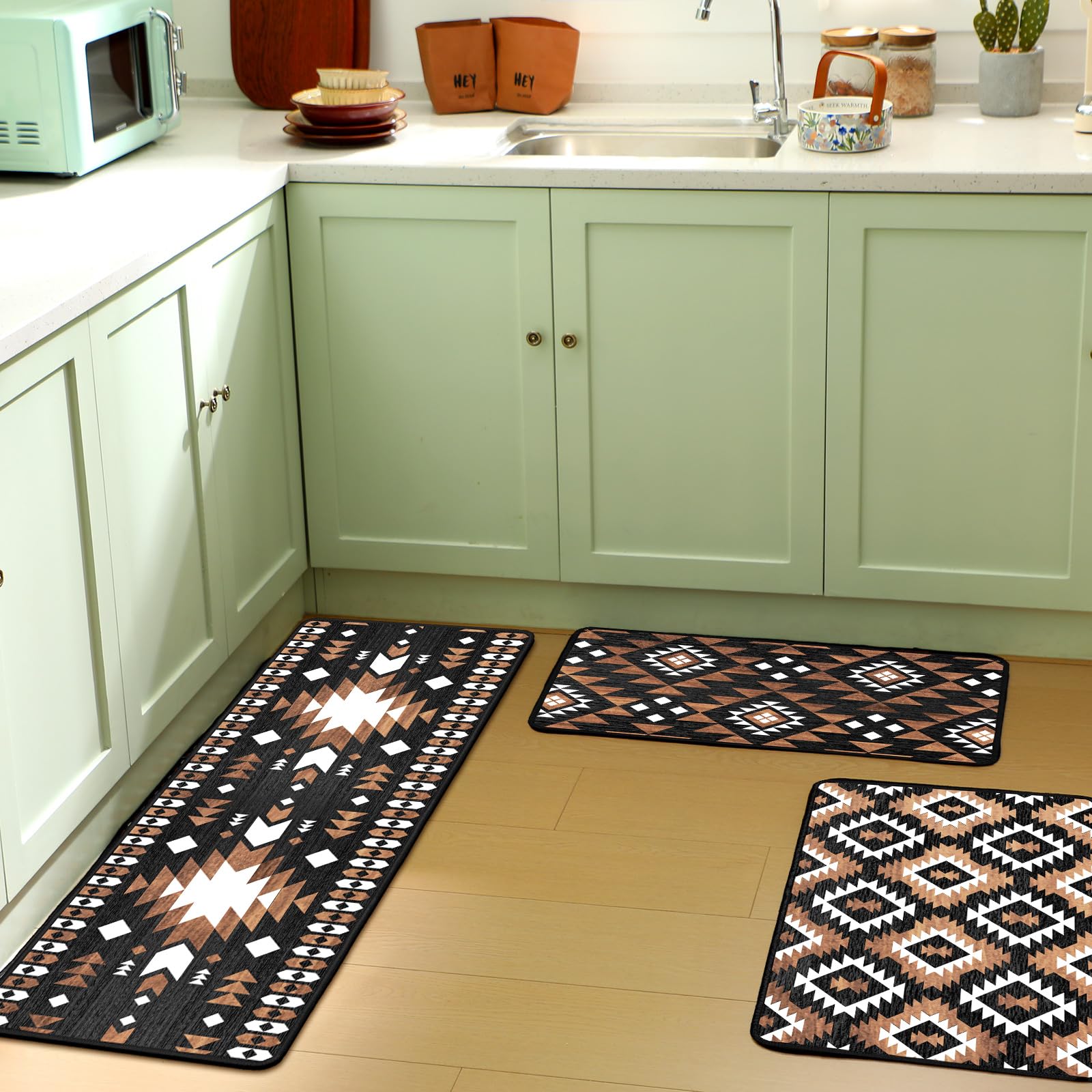 Drydiet Lot de 3 tapis de cuisine aztèques occidentaux et bohèmes - Tapis de sol antidérapants et imperméables - Motif géométrique - Décoration occidentale aztèque pour cuisine, maison, entrée, bar