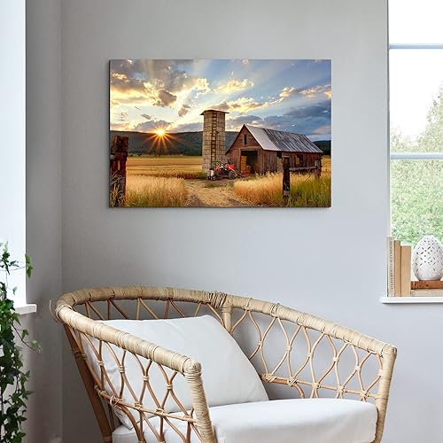 Miniatura 2 de Cuadro de lienzo de pared de granja, obra de arte de granja, paisaje de granero, escenas de campo, vista al atardecer, pintura de pueblo colorido,