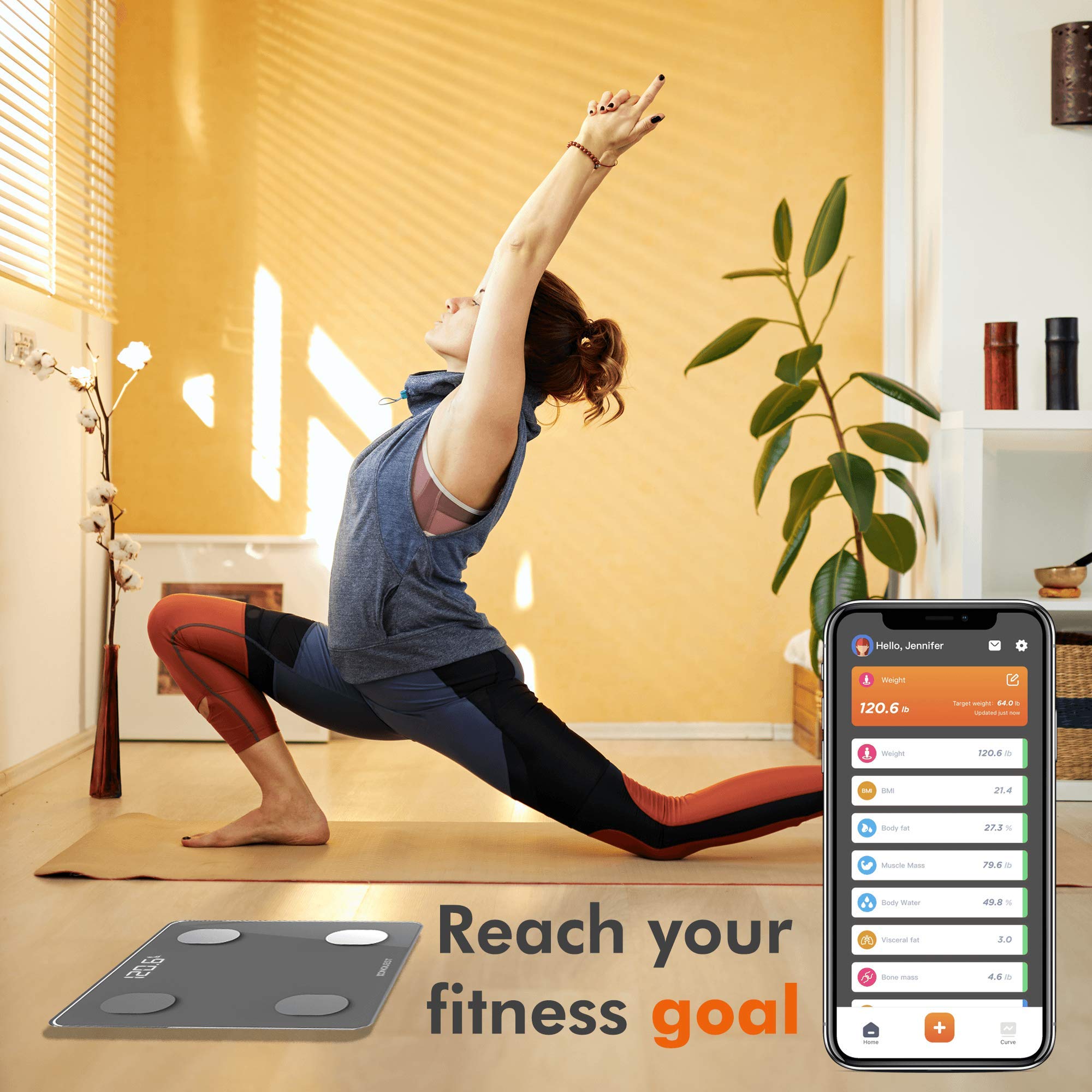 Konquest Báscula de baño digital inteligente, inalámbrico Bluetooth BMI, peso corporal, grasa y analizador de composición corporal con aplicación para smartphone (400 libras) (gris frío)