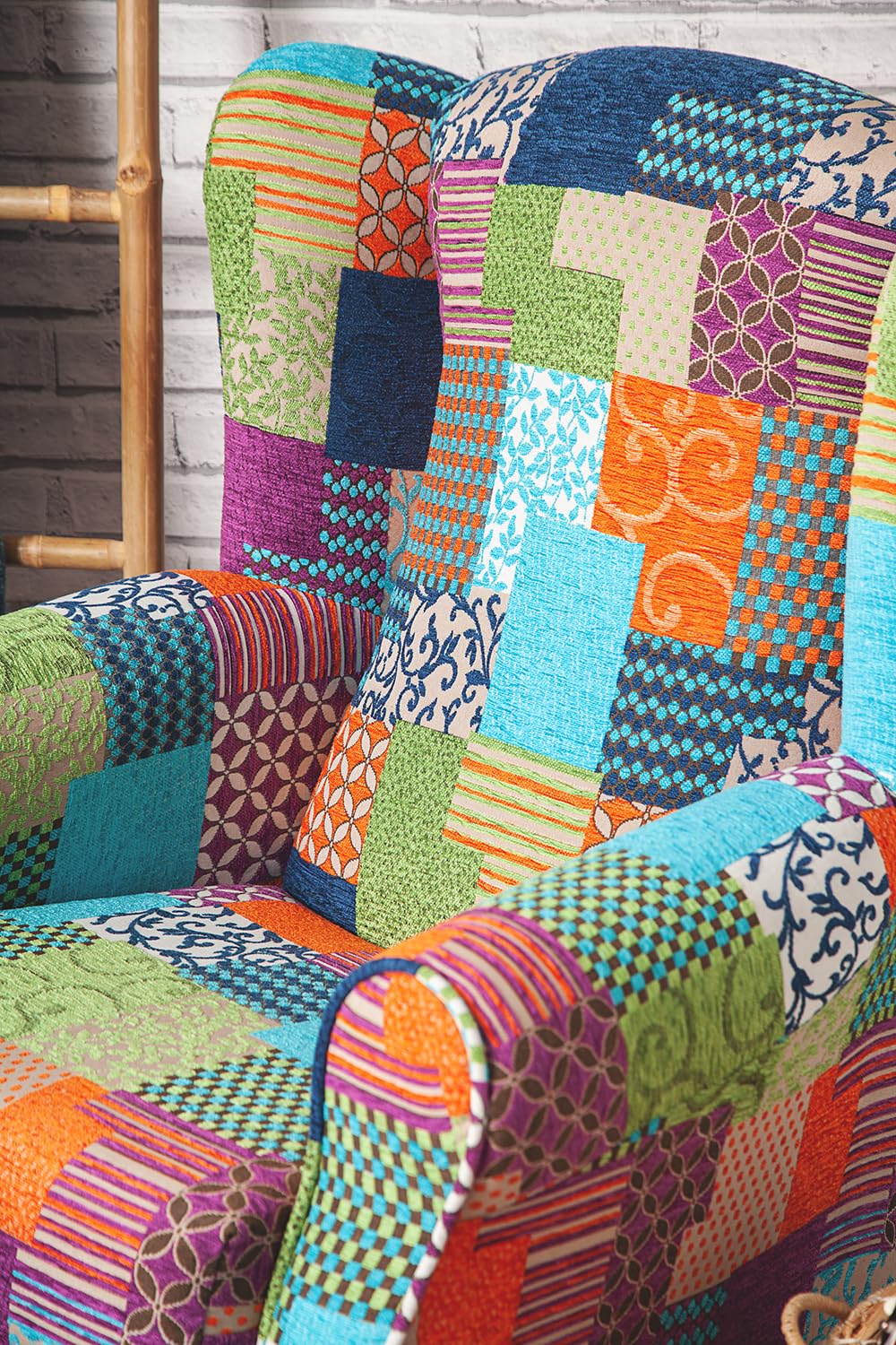 SUENOS ZZZ Sillón Irene Sillón Orejero De Lactancia Tapizado En Tela Patchwork Azul Para Dormitorio Salón O Habitación De Bebé