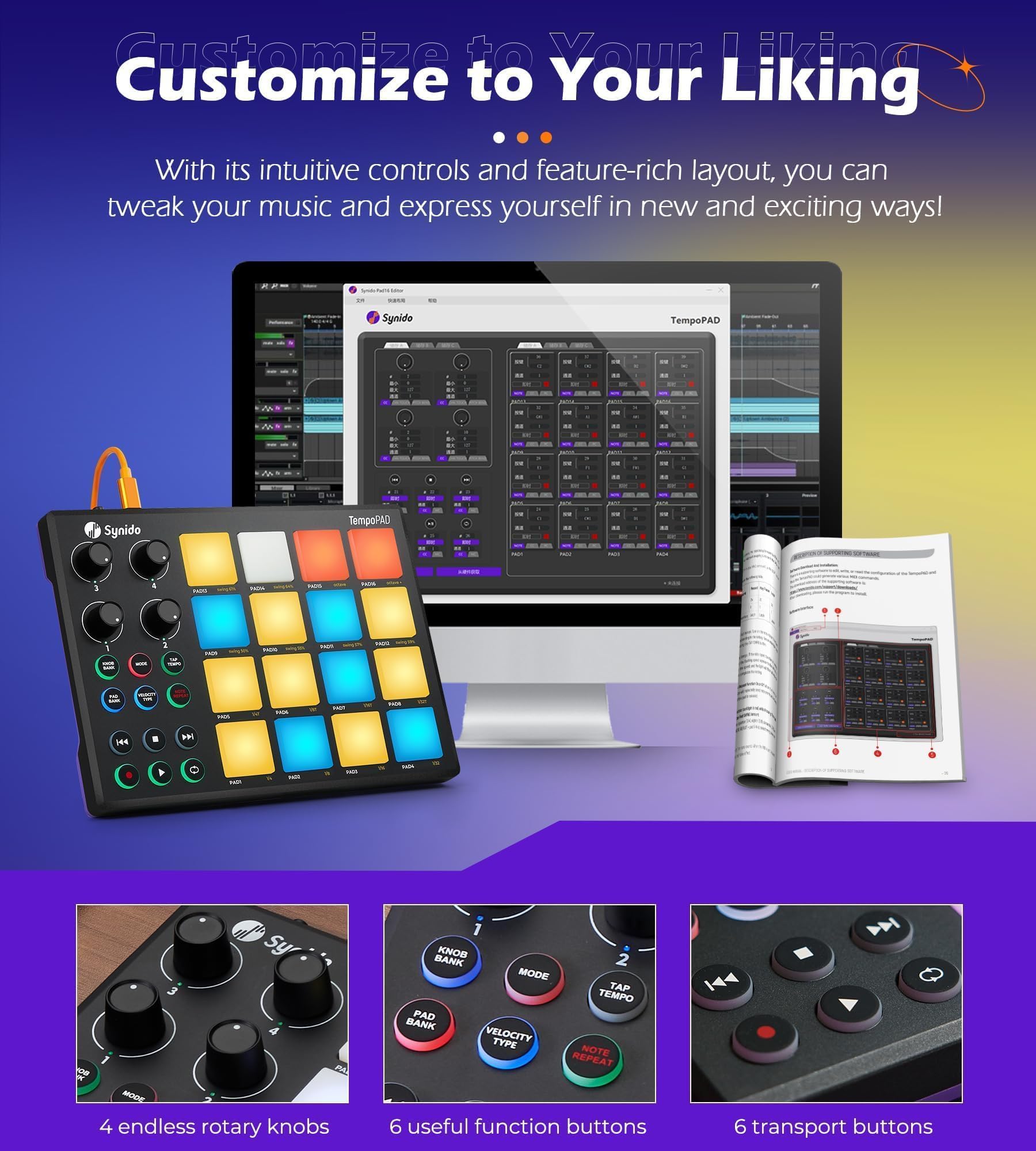 Synido TempoPAD Machine à rythmer pour la production musicale, contrôleur de pad MIDI USB portable pour débutants avec sac de transport durable, 16 coussinets rétroéclairés, 4 assignables