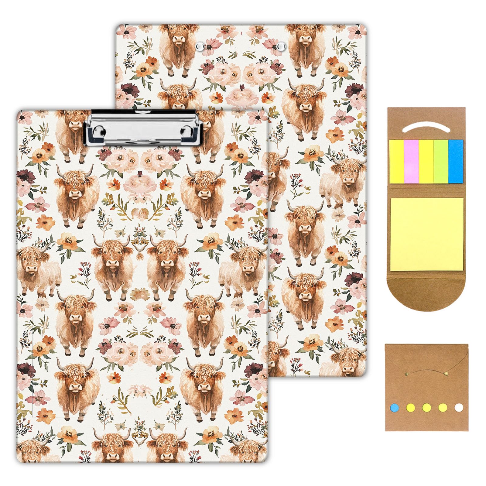 KUJKBFWJ Acrylic Clipboards with Sticky Note, A4 Letter Size Durable Cute Clip Board 9x12.5, for Students, Nursing, School and Office, with Low Profile Clip & Hanging Loop, Highland Cow Flower