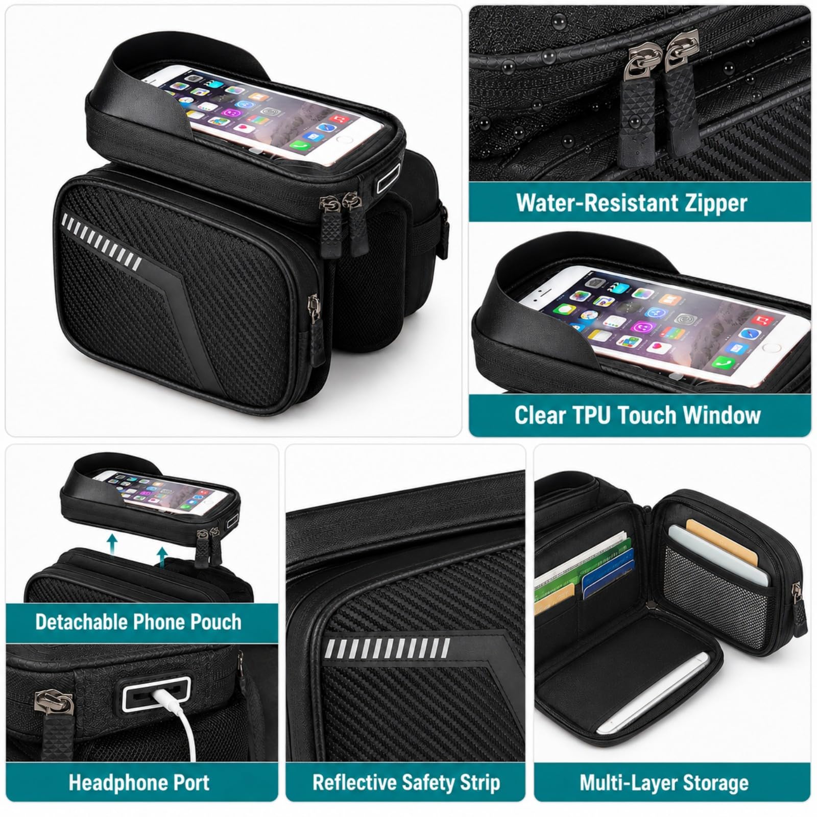 Borsa da Telaio Bici per BH | Design 2 in 1 staccabile | finestra TPU touch 7,2" | zip impermeabile | strisce riflettenti | per bici città e mountain | 2L