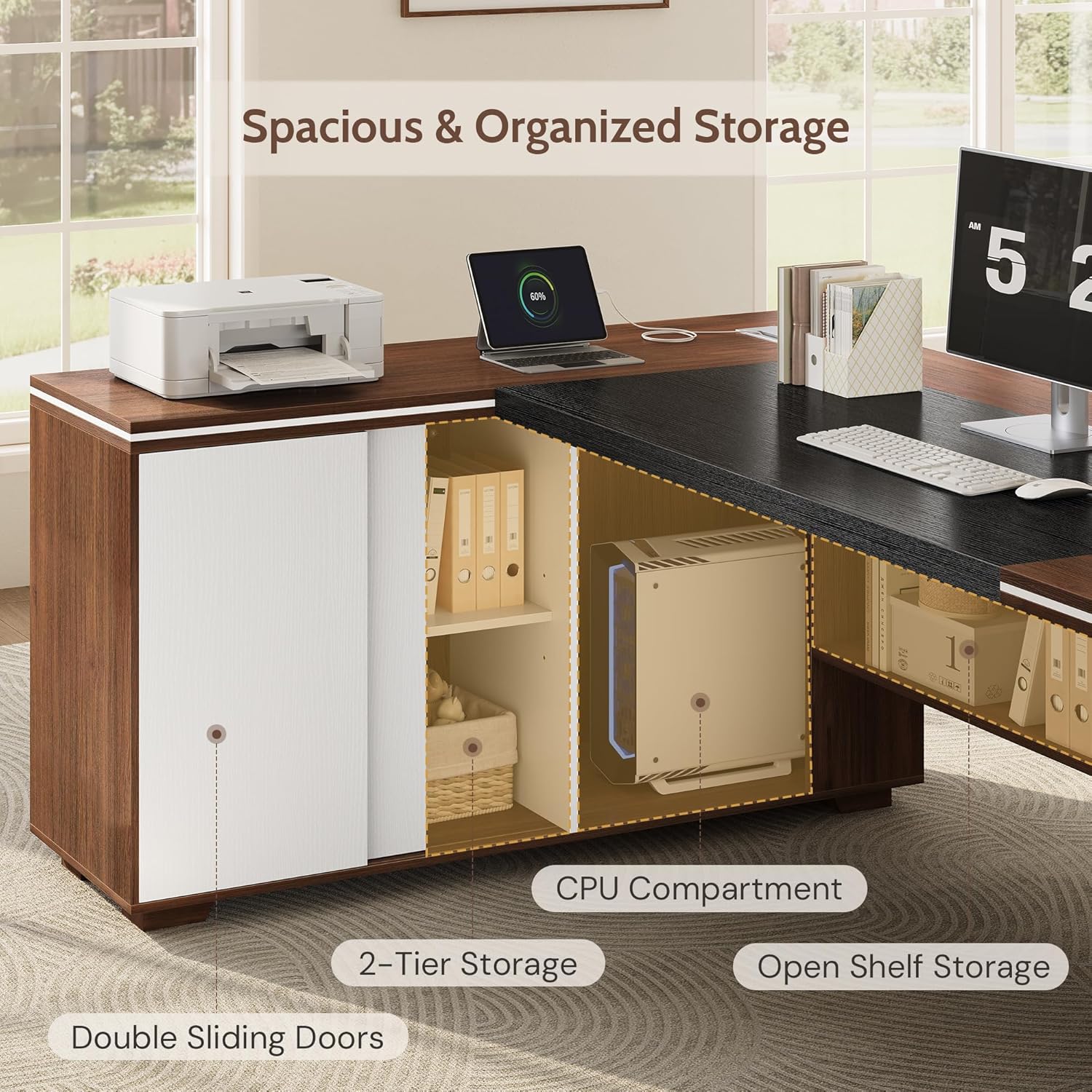 71" L-Shaped Executive Desk with Cabinet Storage, Large Office Computer Desk with Storage Shelves, Under-Desk Bookshelf, CPU Stand, Cable Management, Business Furniture Workstation (Brown)