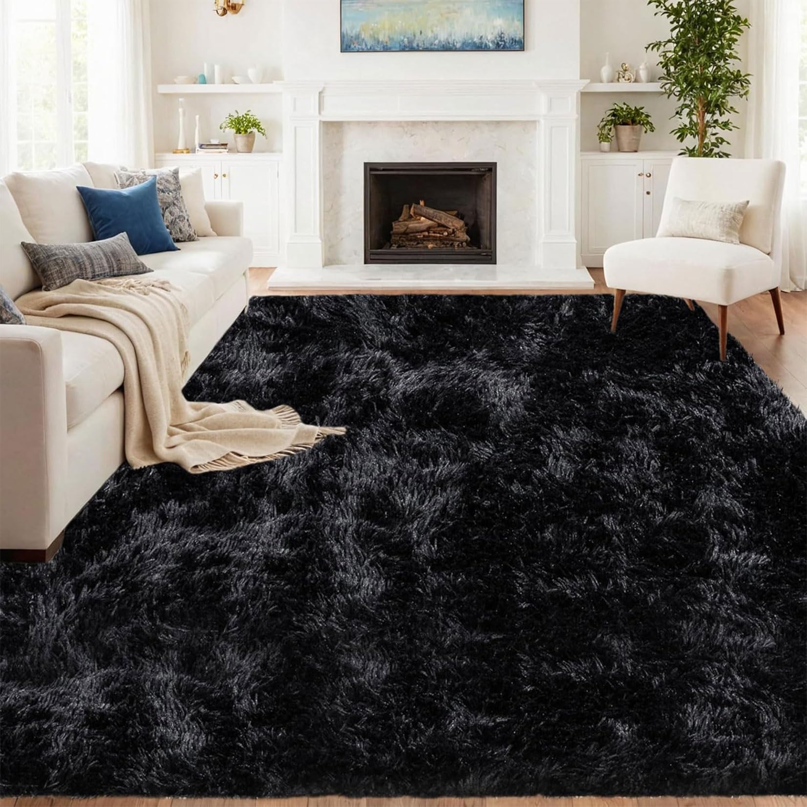 Vloerkleed voor de woonkamer, 200 x 300 cm, superzacht, shaggy, pluizig, antislip, antislip, interieurdecoratie voor woonkamer, slaapkamer, meisjes, kinderen, zwart