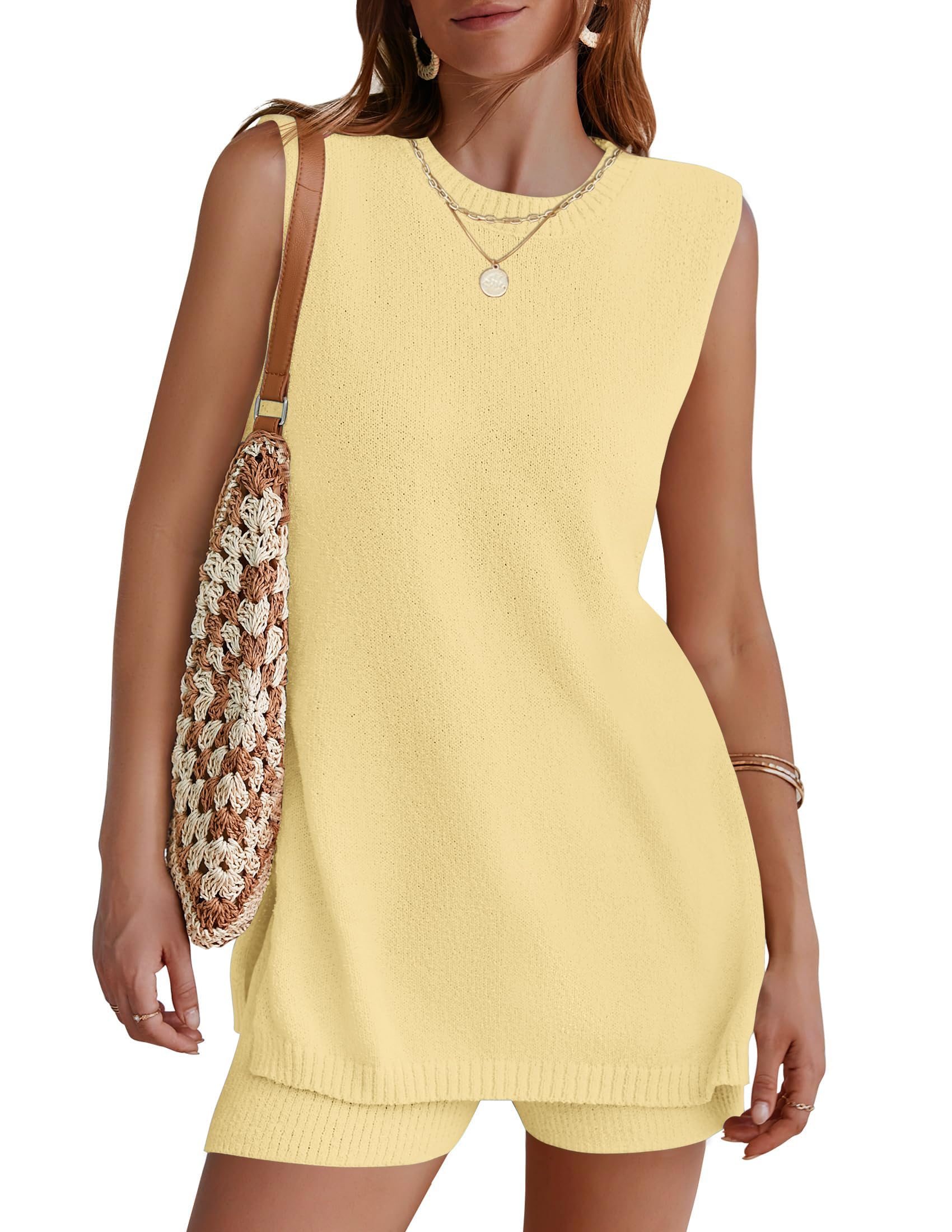 NENONA Womens Summer Sleeveless Sweater Lounge Sets Casual Loose Fit Tunic Tops and Shorts 2 Piece Beach Vacation