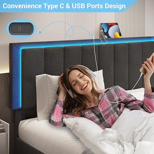 Miniatura 5 de DICTAC Base de cama LED Queen con 4 cajones de almacenamiento y 2 puertos USB moderna plataforma tapizada con almacenamiento y cabecera LED W 3