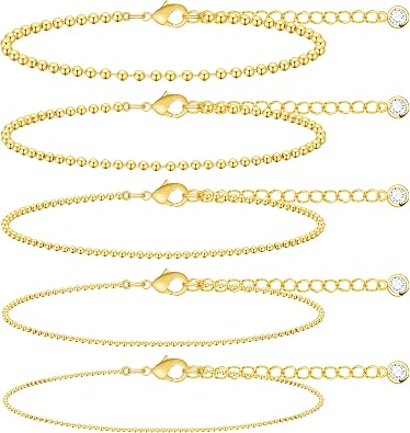 POXTEX 14K Gold Plated Bracelets for Women Waterproof, Non Tarnish Trendy Dainty Minimalist Stackable Jewelry Sets, Herringbone Cuban Paperclip Rope Bead Link Chain Stack Pack, Modern Fashion Accessories Gifts