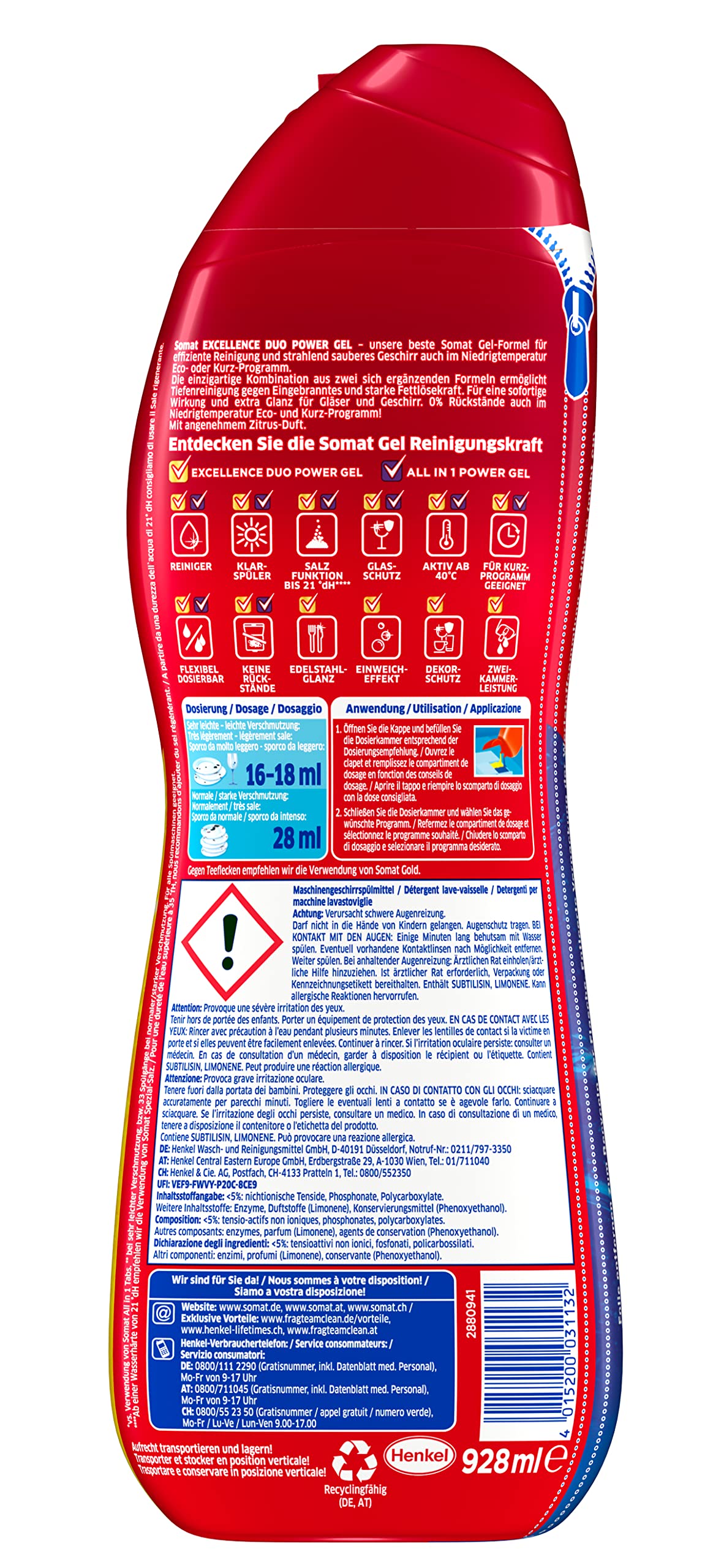 Somat Excellence Duo Power Gel (58 Spülgänge) Spülmittel für die Spülmaschine für strahlend sauberes Geschirr auch im Eco-Programm & bei… – Ansicht 3