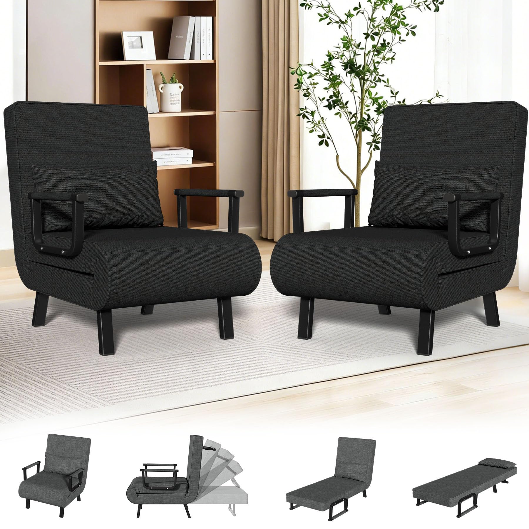 2PCS Single Sofa Bed Chair Folding 4-in-1 Multi-Functional Convertible Recliner Chair 6-Position Adjustable Backrest Foldable Memory Foam Metal Frame Guest Bed Max.180kg Sleeper Couch Pillow, Black