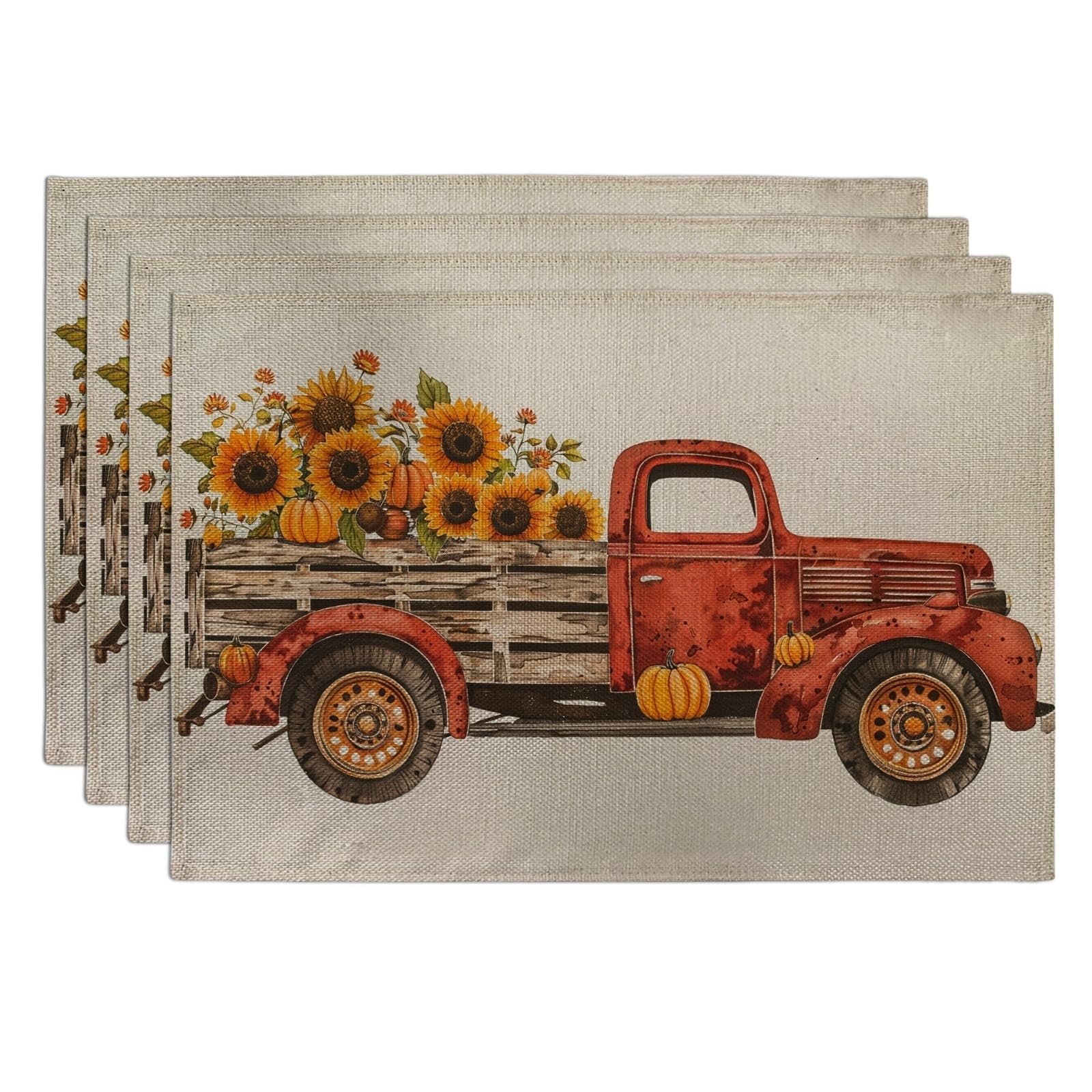 Autumn Vintage Truck Placemats, Red Rustic Harvest Table Mats for Dining Room, Non-Slip Washable Indoor Outdoor Fall Decorative Placemat Set of 4