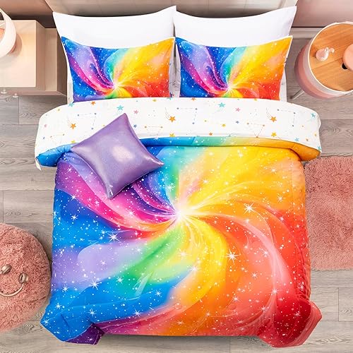 A Nice Night 6Pcs Swirling Galaxy Dreamy Comforter Set, Colorful Rainbow Gradien