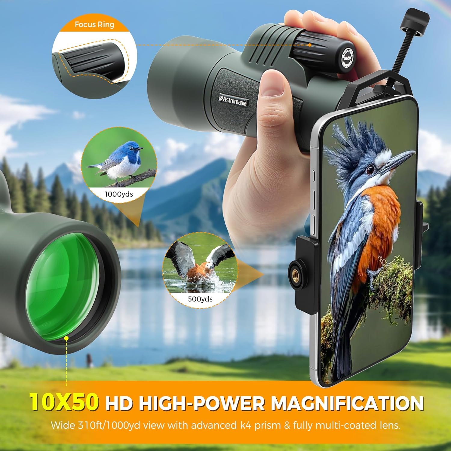 Astromania 10X50 BAK4 High Power Prism Monoculars, Waterproof, Compact Handheld Monoscope for Bird Watching, Sporting Events, Traveling Gifts for Men