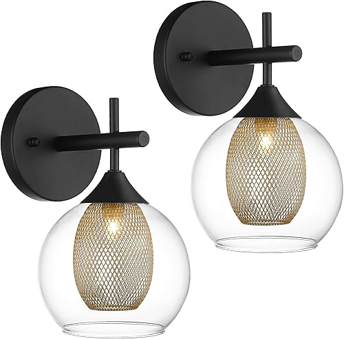 Conjunto de apliques de pared negros de 2 piezas, accesorio de luz de tocador de baño con vidrio transparente y pantalla de metal en forma de panal,