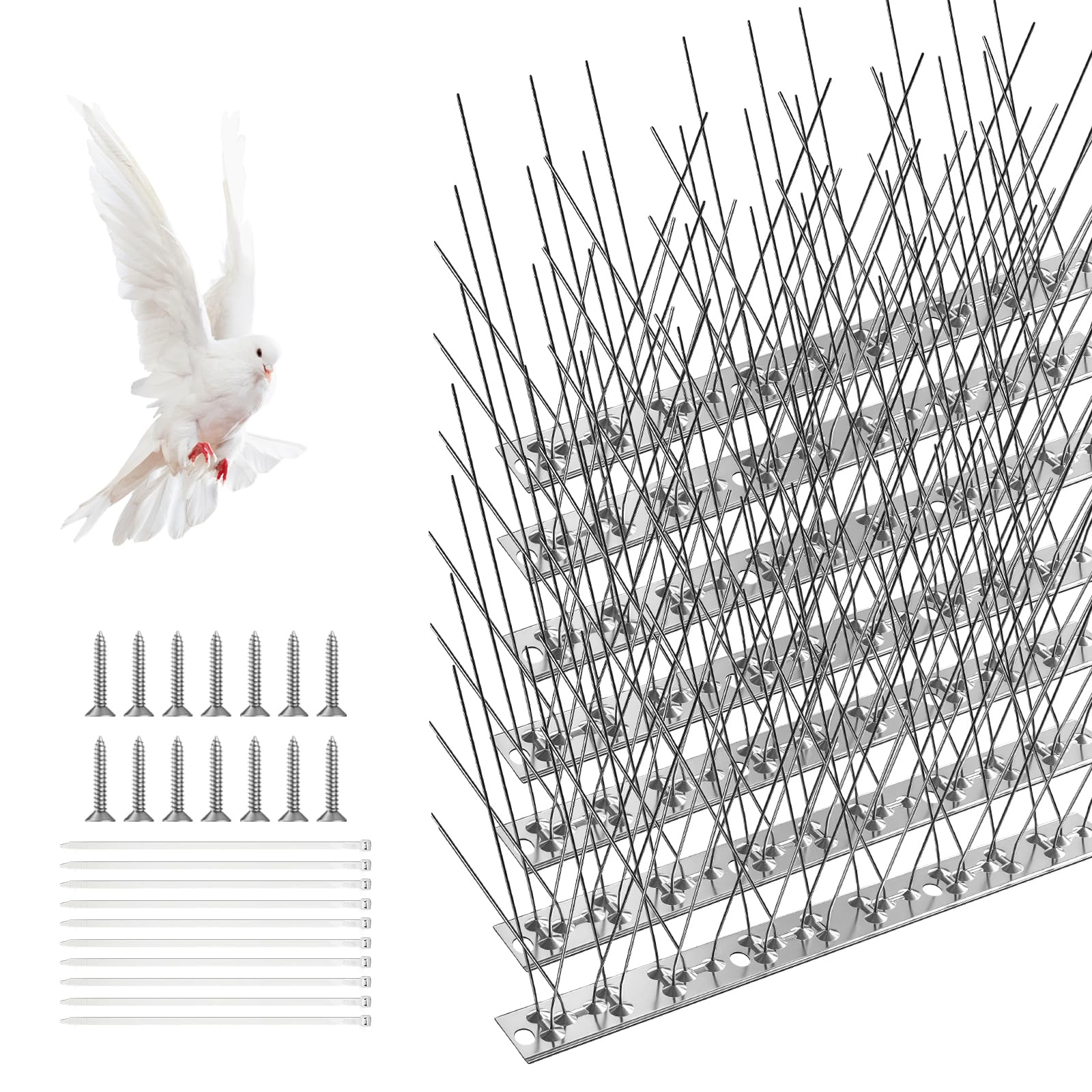 AMFUN Bird Spikes with Stainless Steel Base,7 PCS Pigeon Spikes Set for Deterring Crows, Seagulls and Small birds, Bird Deterrent Spikes Set, 25CM Each,Birds Spikes for Roofs and Windows