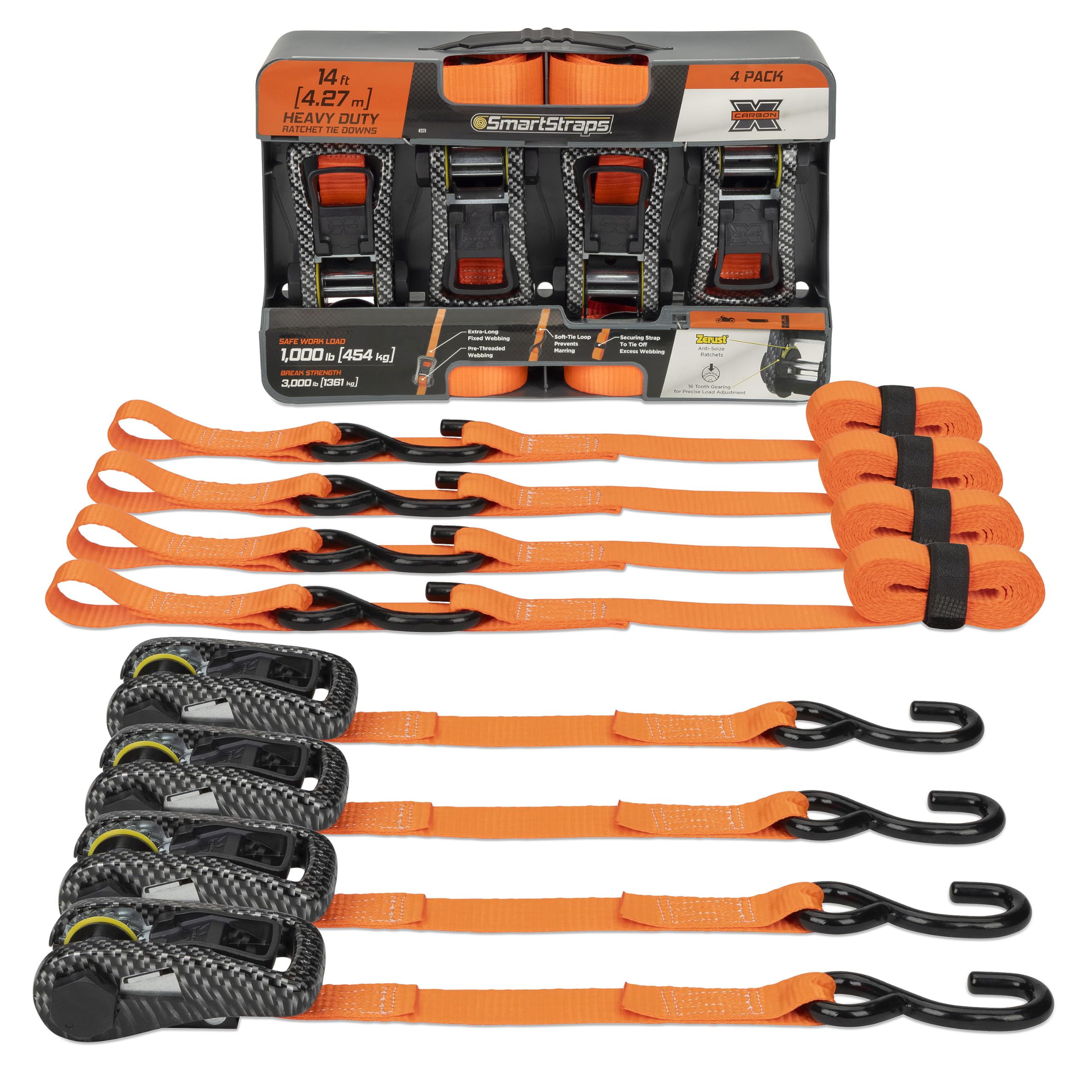 SmartStraps 14' 3000 lbs. CarbonX Ratchet Tie Down, Orange 4 Pack