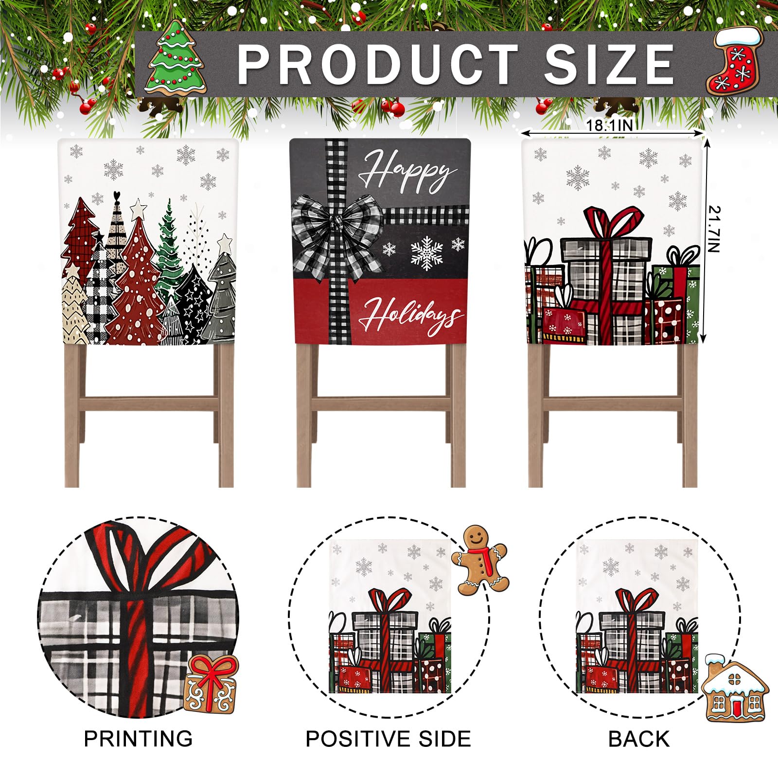 Shellwei 6 Pcs Christmas Chair Covers 18.1 x 21.7 Inches Christmas Trees Snowflake Gift Box Print Decorative Merry Seat Covers Dining Slipcovers for Xmas Party Kitchen Wedding Party Decor