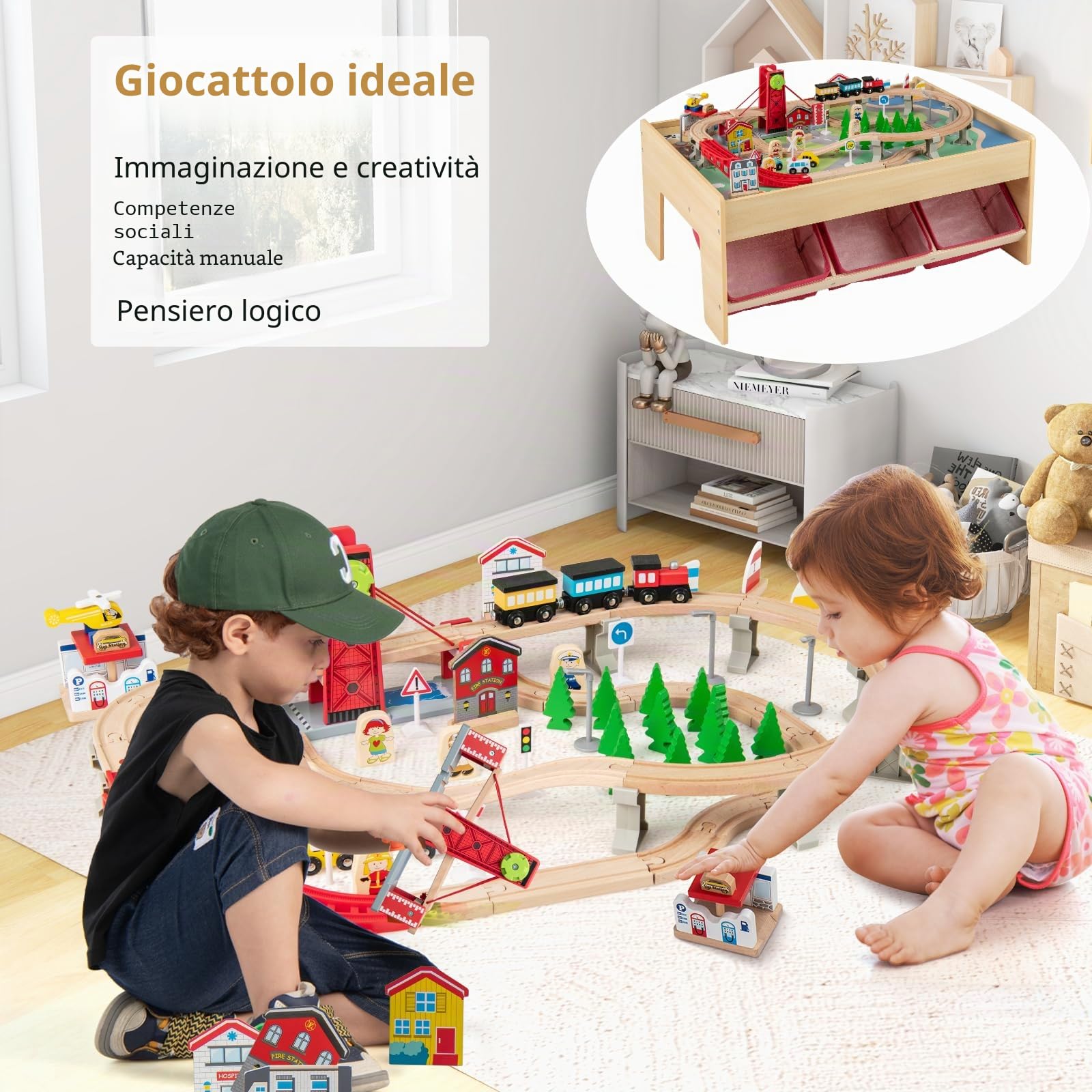 LIFEZEAL Set di ferrovia in legno per bambini, tavolo da gioco con scatola portaoggetti, tavolo da attività multifunzione con veicoli, binari e accessori, tavolo da costruzione per ragazzi e ragazze