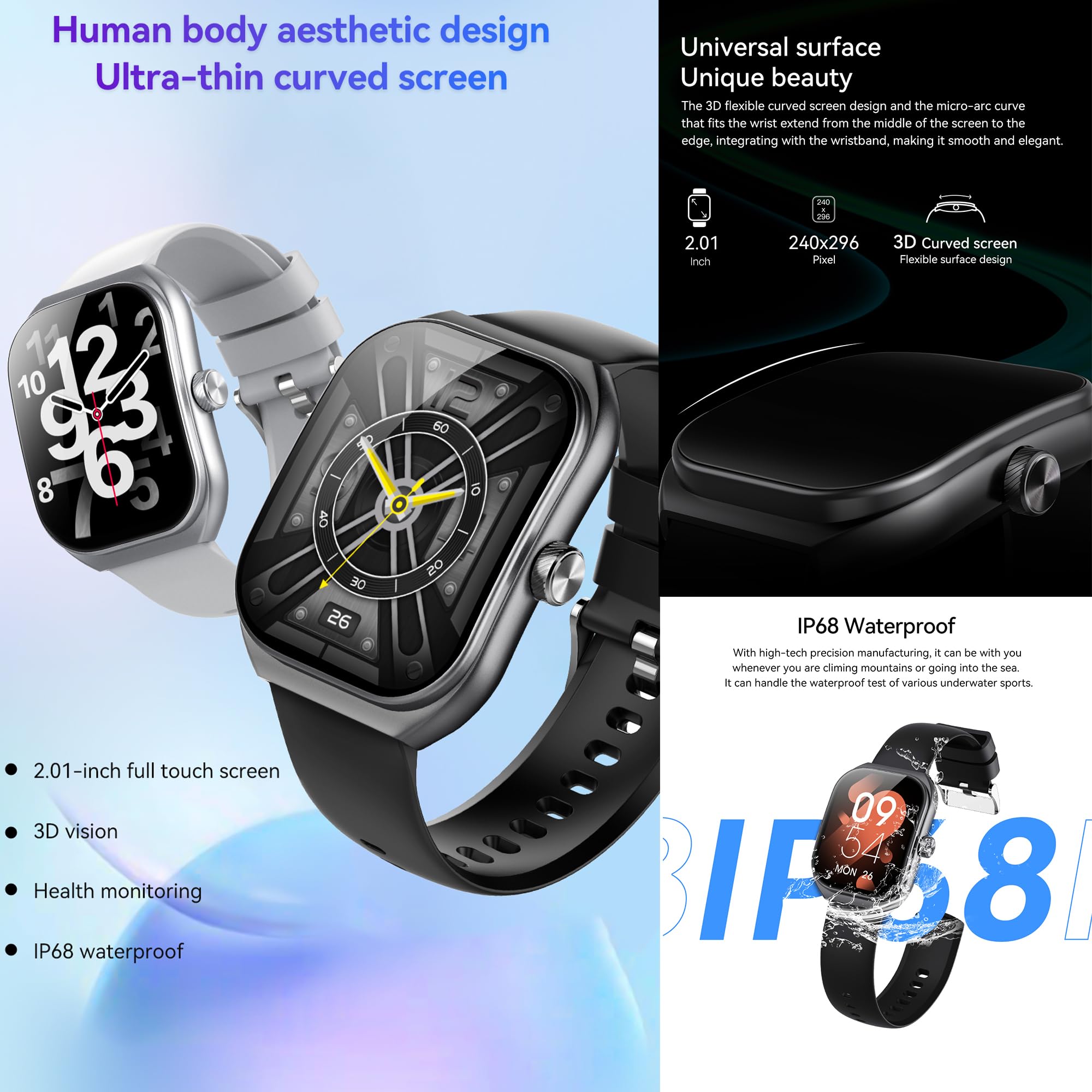 Reloj Inteligente Mujer con Llamadas, 2,01 Pulgada Smartwatch Hombre Deportivo con Podometro Pulsometro SpO2 Sueño Presion Arterial Actividad IP68 Reloj Digital para iOS Android (Negro)