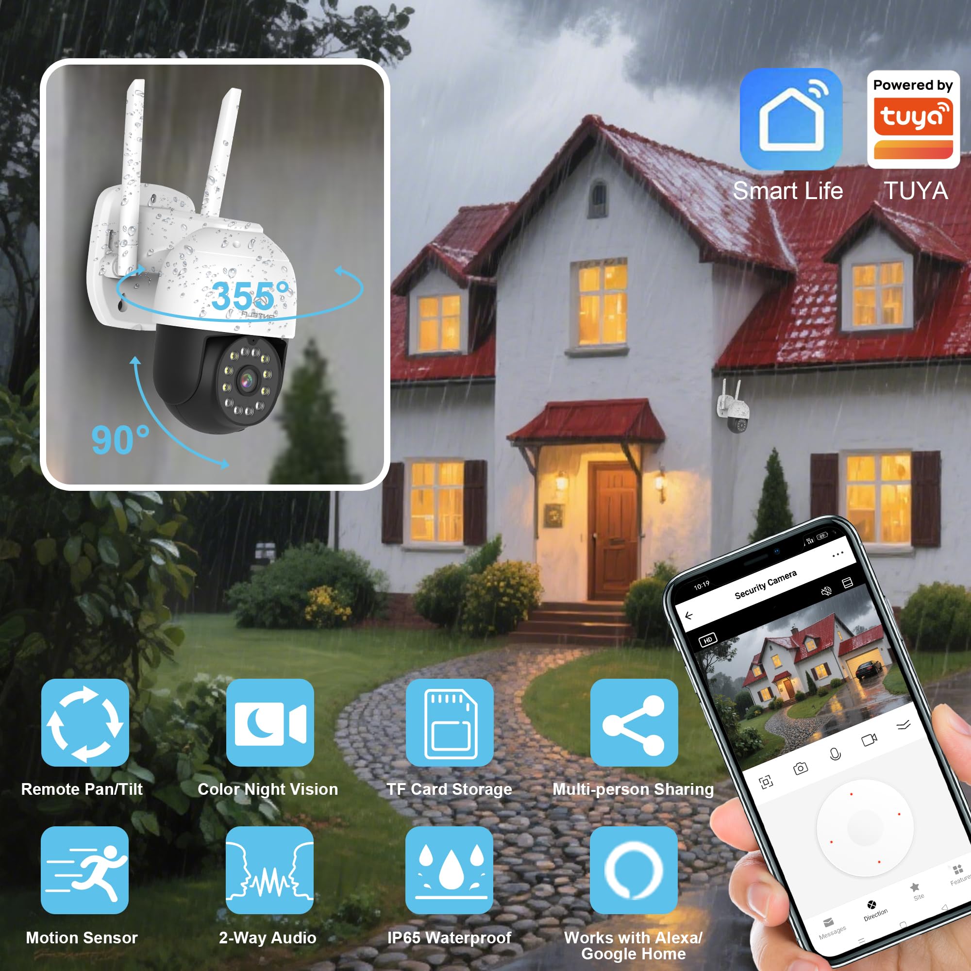 ANTELA Überwachungskamera Außen 4MP PTZ WLAN IP Kamera Outdoor, IP65 wasserdicht, Farbige/IR/Smart Nachtsicht mit Flutlicht 50m, 2-Wege-Audio, Bewegungserkennung, Alarmmeldung, 2,4GHz | Farb-/IR-Nachtsicht, kompatibel mit Alexa und Google Home, Bewegungss