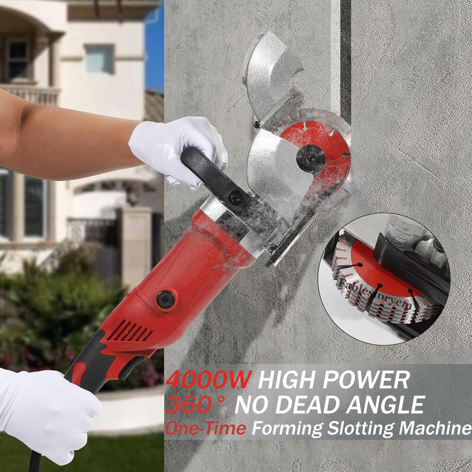 Rozadora de Pared 4000W Fresadora de Muro 7500u / Min Amoladora Eléctricas Máquina Ranurada con Discos de Corte Diamante (5 pcs 125mm),Red