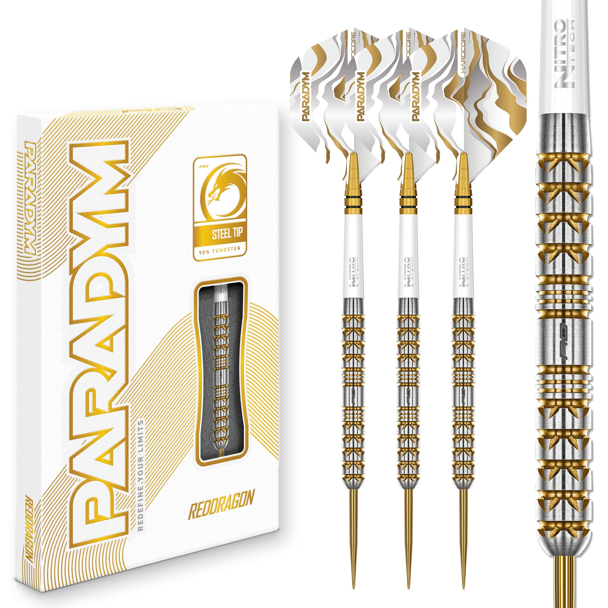 RED DRAGON Darts - Paradym Gold Series - 24g Professional Steel Tip Darts Set - 90% Tungsten Parallel Barrel - Includes Dart Flights & Stems - Professional Dart Set