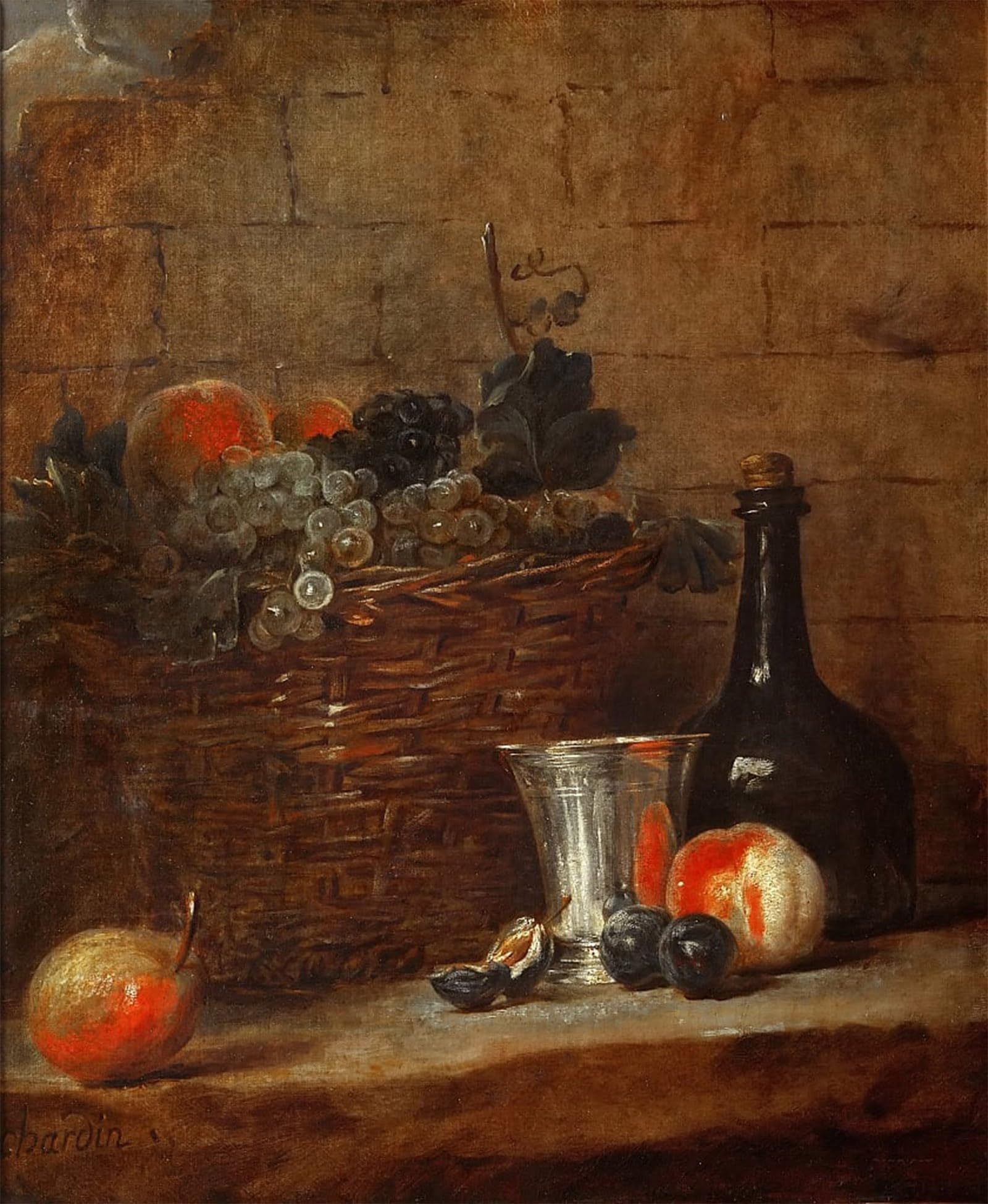 ARTXLXXBN Famous Art Print Poster Vintage Wall Art Fruit Basket with Grapes a Silver Goblet and a Bottle Peaches Plums and a Pear by Jean Baptiste Simeon Chardin for Home Decor 60x90cm