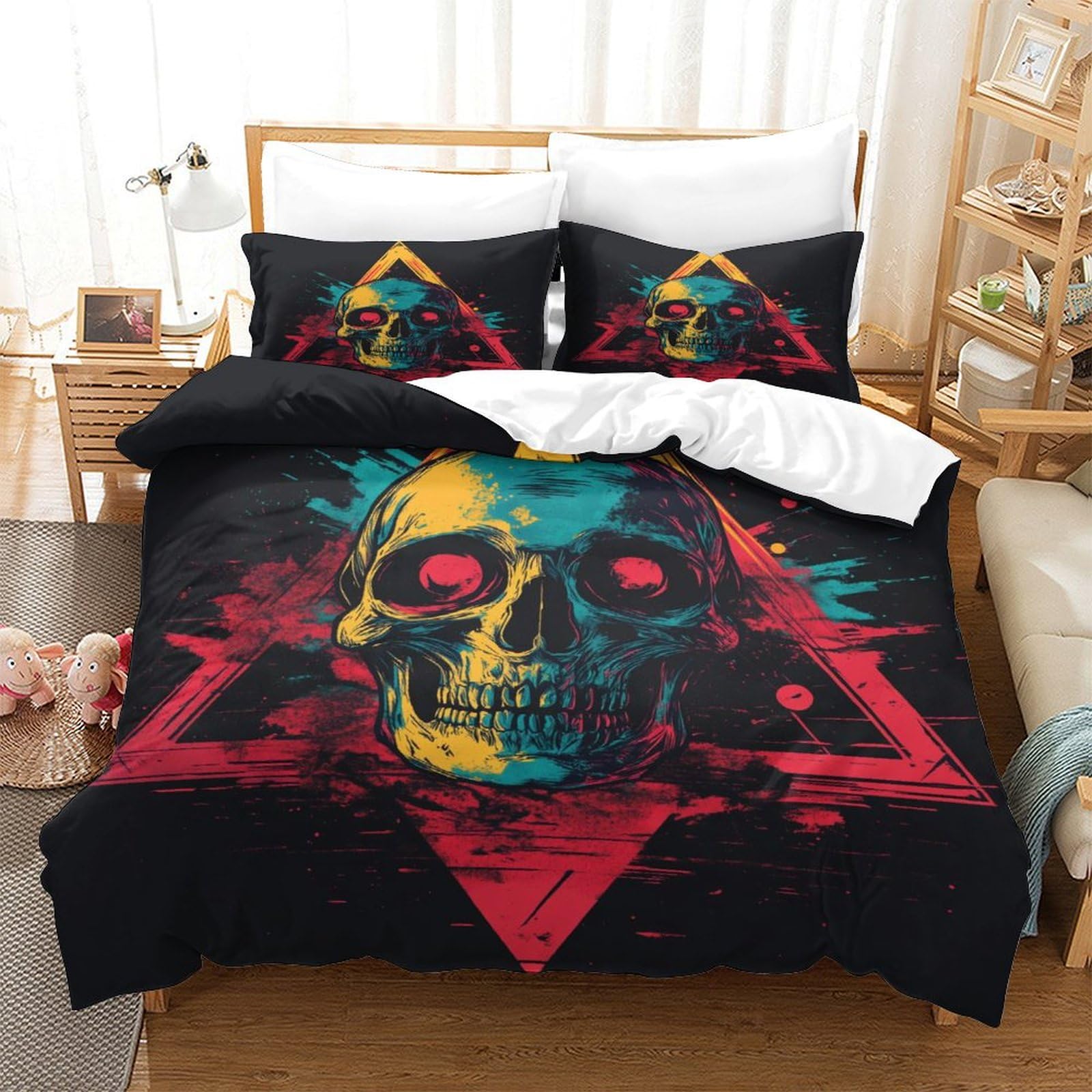 P1S9U7W5Y Trendy Skull 3D Printed Duvet Cover Set 3pcs Microfiber Colorful Skull Bedding Set King（220x240cm）