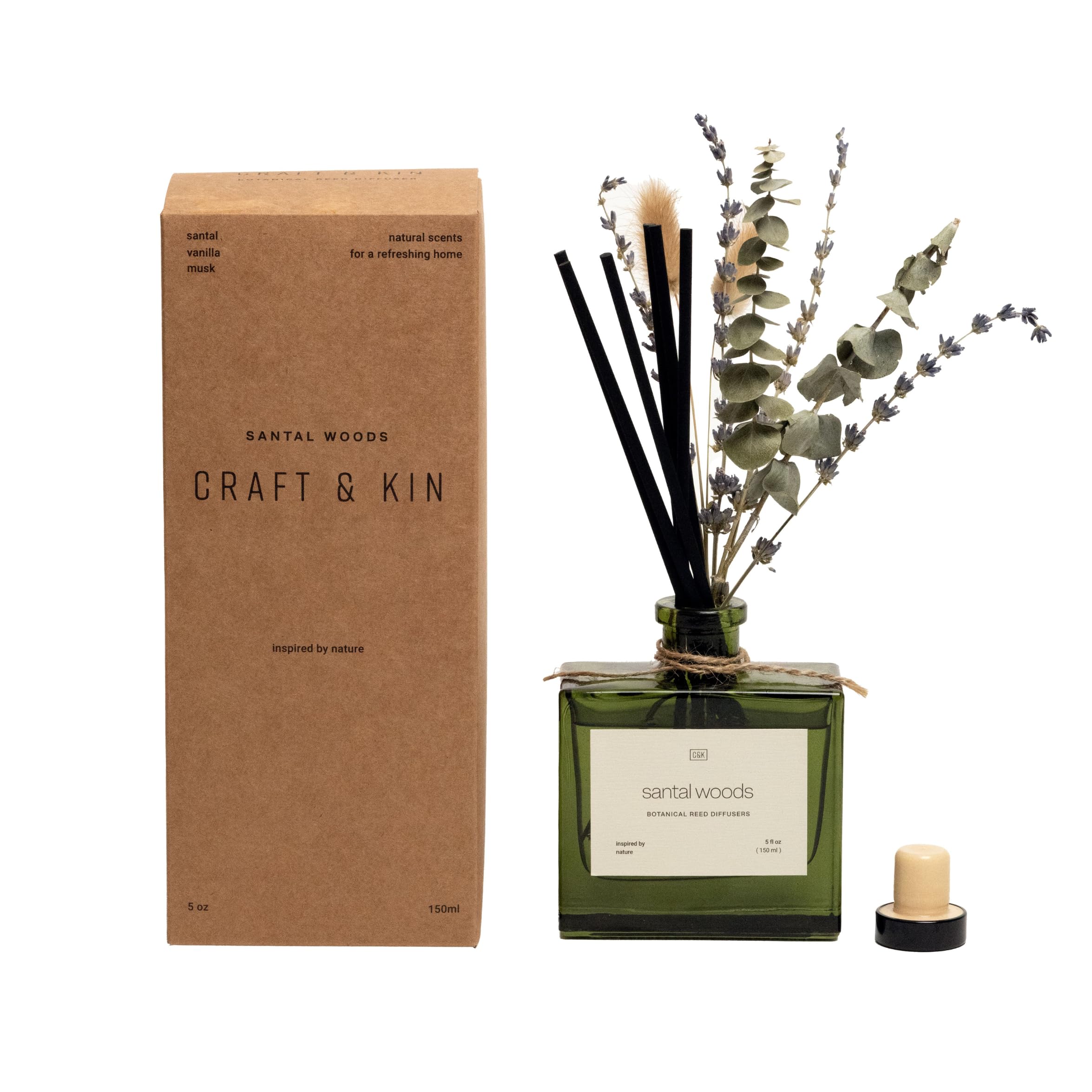 Craft & Kin Christmas Reed Diffuser with Dried Flowers | 5 oz Santal Woods Holiday Scented Reed Diffusers for Home, Bathroom | Scent Sticks | Elegant Fragrance Home Decor for Men & Women