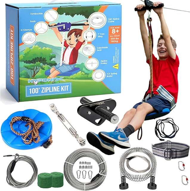 Zip Line Kit for Kids and Adults, 100/120 / 150/200 ft, Up to 350 Lbs, R...