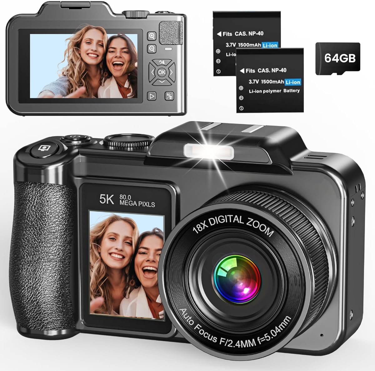 Digital Camera, 5K 80MP 3.5"+2" Dual Screen Cameras for Photography Autofocus, 18X Digital Zoom Vlogging Camera for YouTube, Travel, Beginners, Include 64GB Card and 2 Batteries