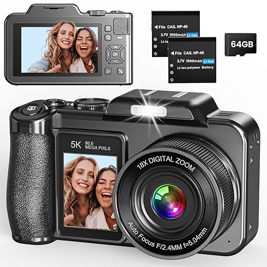 Digital Camera, 5K 80MP 3.5"+2" Dual Screen Cameras for Photography Autofocus, 18X Digital Zoom Vlogging Camera for YouTube, Travel, Beginners, Include 64GB Card and 2 Batteries