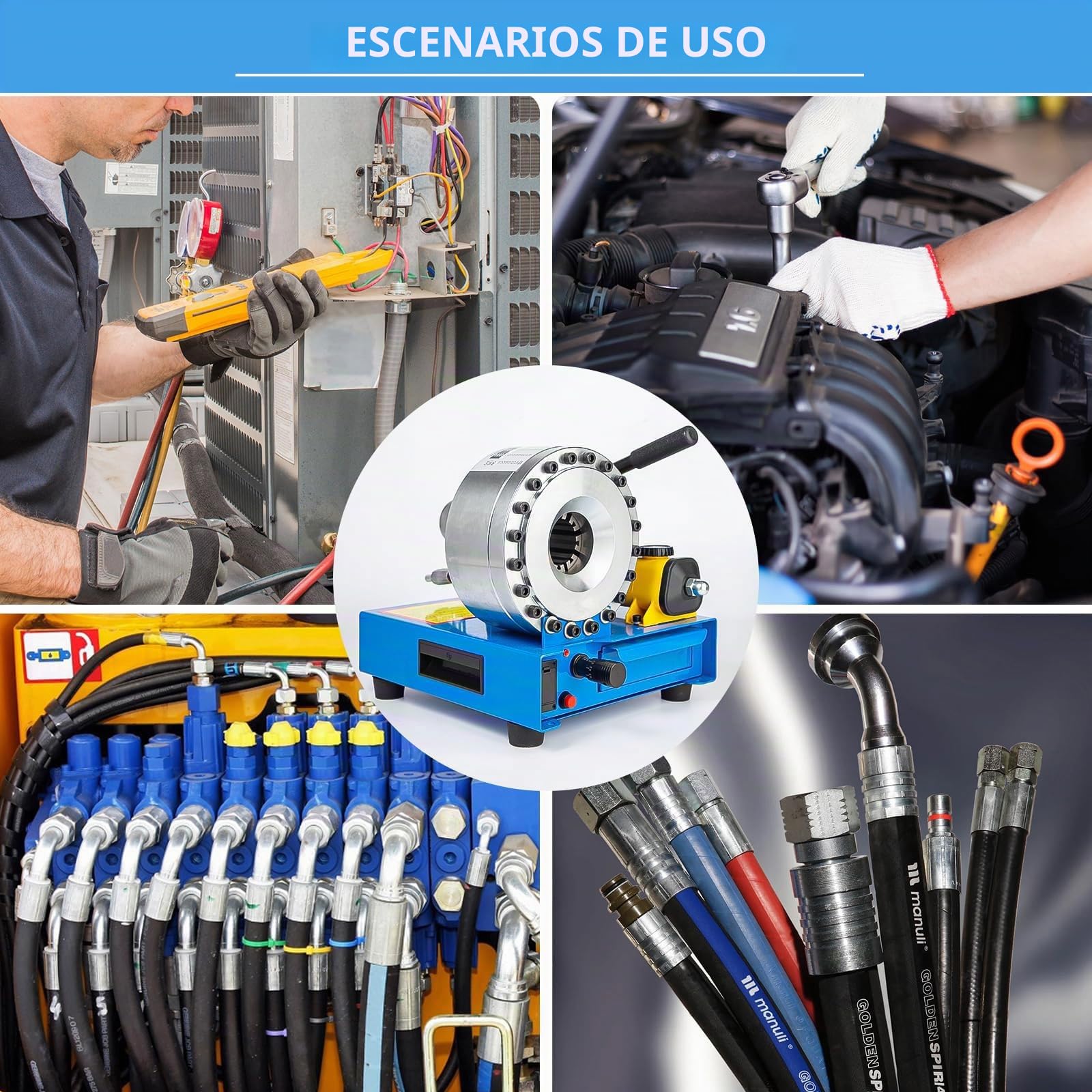 Máquina crimpadora de mangueras, máquina prensadora de tubos de manguera hidráulica de 6 a 25 mm, herramienta de crimpado de manguera hidráulica portátil con 7 juegos de troqueles (10-31 mm)