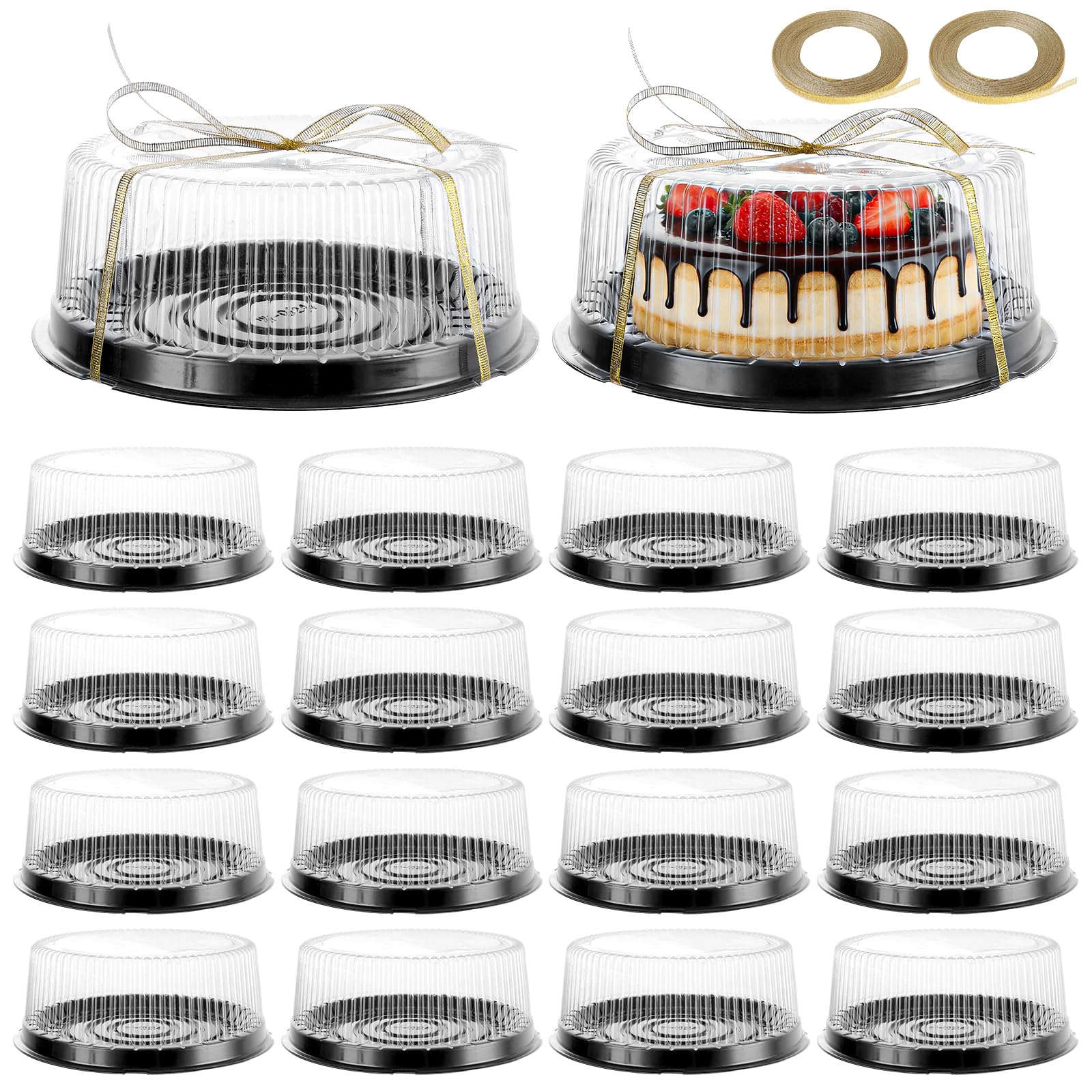 WENLISELL 20 PCS 8 Inch Plastic Cake Containers with Lids, Clear Round Cheesecake Packaging Box with Ribbon, Black Base Cheesecake Storage Box for Desserts, Pastries
