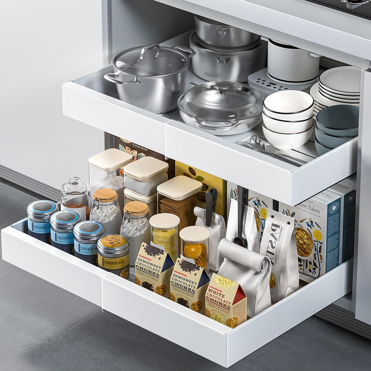 1Pack Expandable Pull Out Cabinet Organizer 21" Deep, Peel And Stick Slide Out Drawer for Kitchen Cabinet, Cabinet Pull Out Shelf, Roll Out Drawer Adjustable Width 12"-20.45" White White 12"-20.45"Wide x 21"Deep(1 Pack)