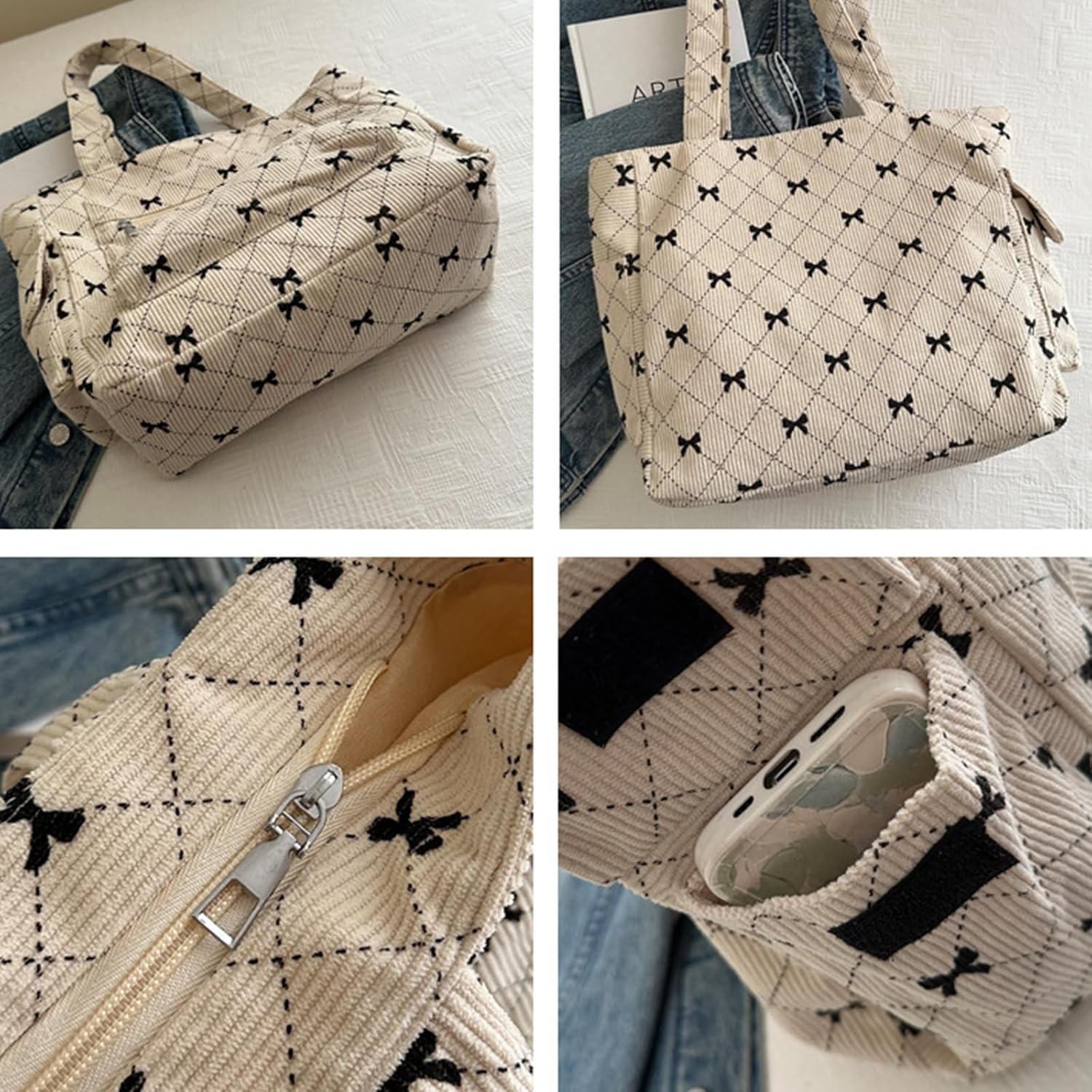 Farcauo Tote Bag for Women Cute Corduroy Shoulder Bag White Bow Tie Canvas Bags Large Capacity Travel Handbag - Image 5