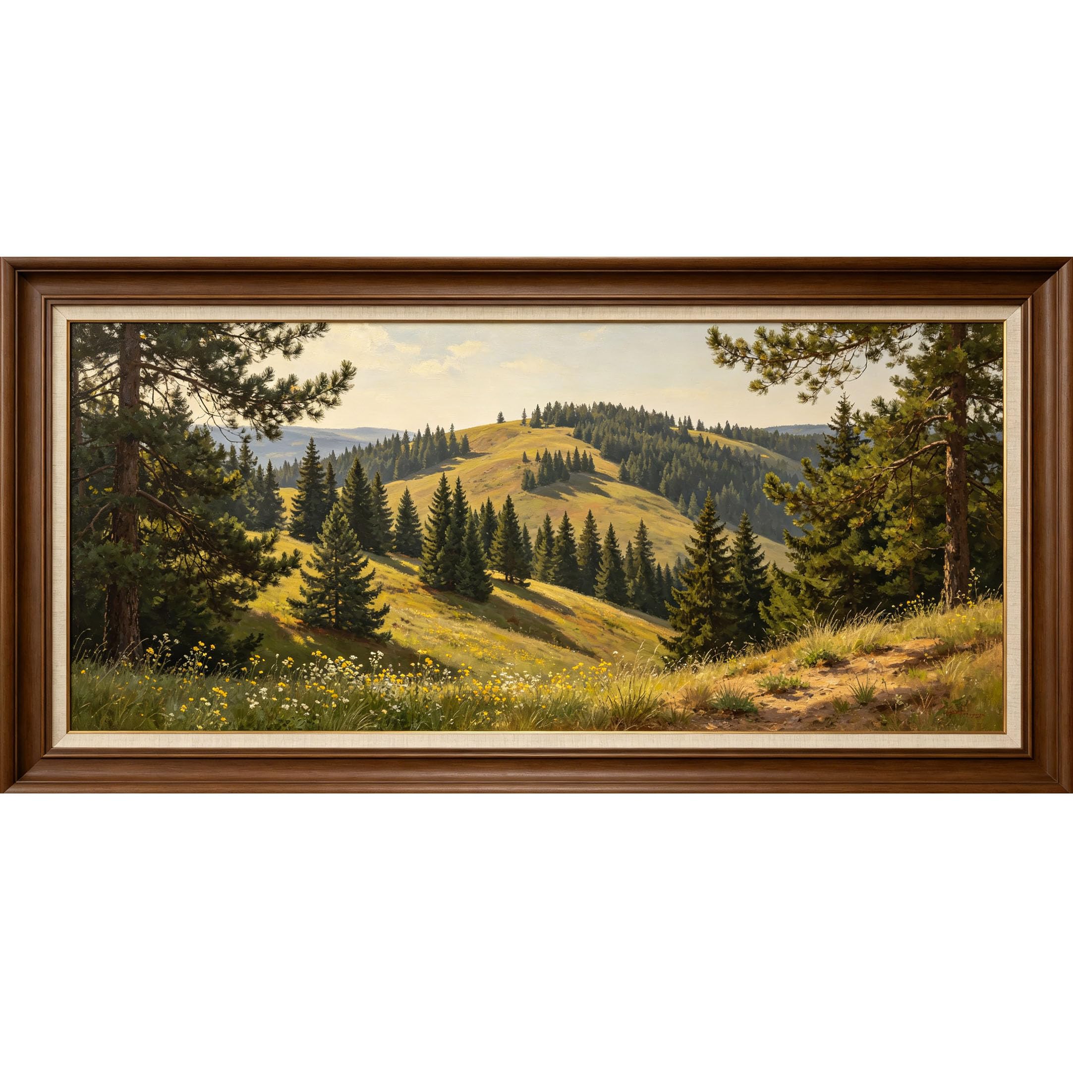 Agglomerix 3D Framed Wall Art Mountain Pine Forest Landscape Oil Painting Sunlight Valley Wildflowers Large Size SelfAdhesive Removable Wall Decor Prints Artwork for Living Room Bedroom Office