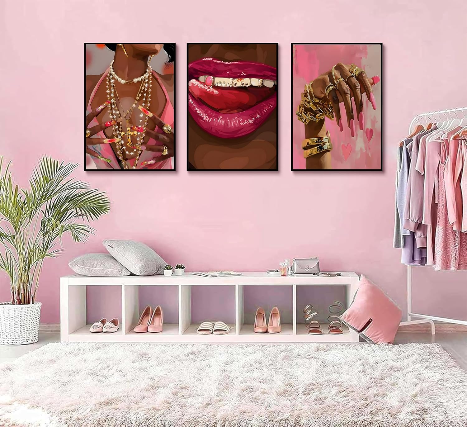 3Pcs Pink Fashion Black Girl Canvas Wall Art African American Vogue Black Girl Poster Print for Living Room Bedroom Home Decoration Unframed