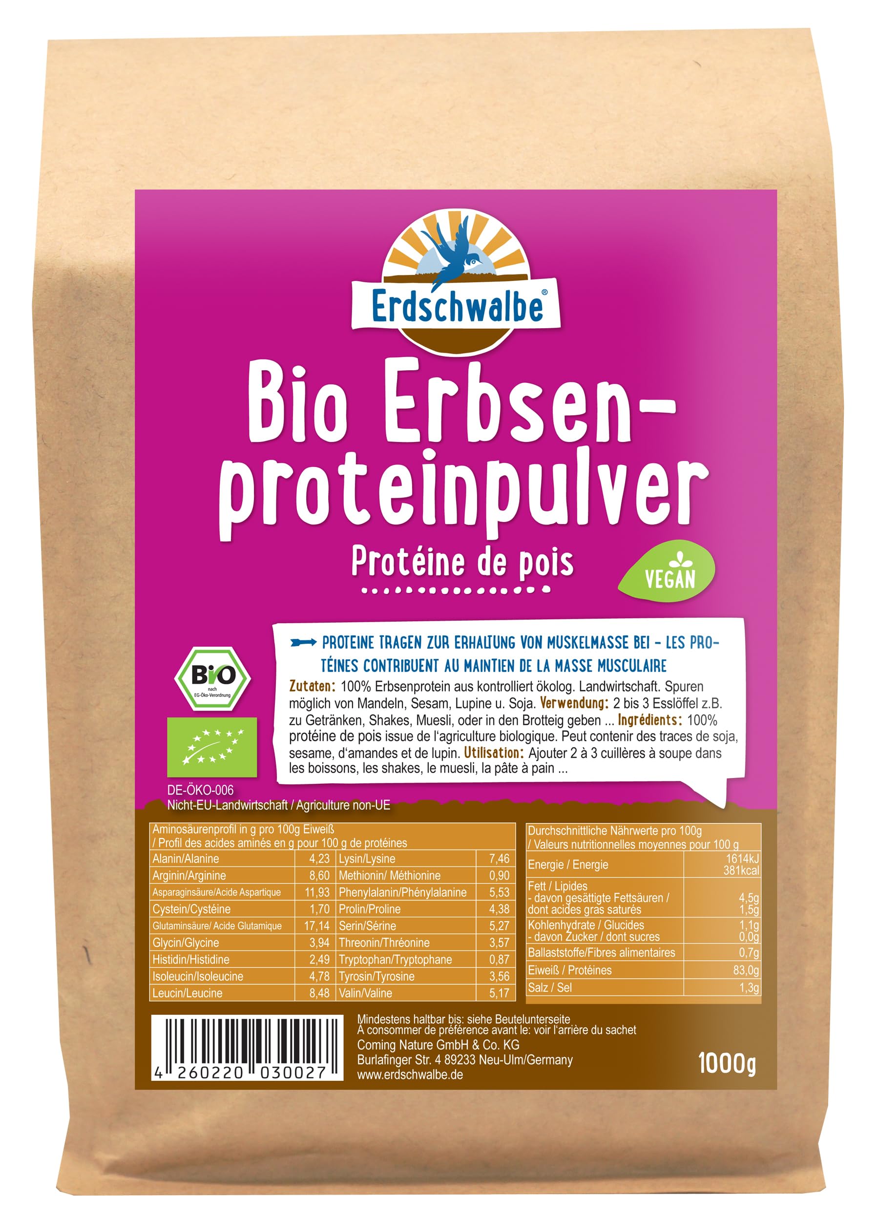 Erdschwalbe Bio Erbsenprotein - Veganes Eiweißpulver - 1 Kg
