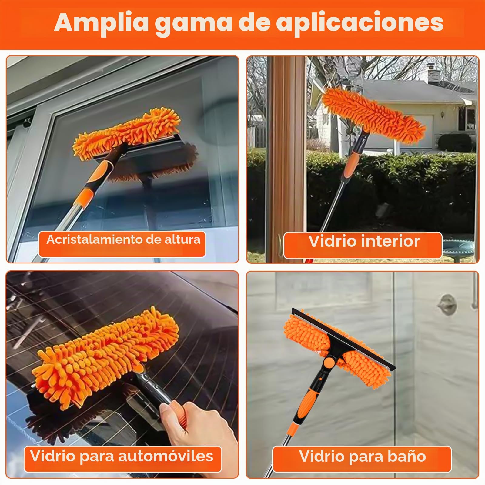 Limpiacristales con Mango Extensible de 24-450cm, Limpiador de Ventanas Telescópico con Escobilla de Silicona y Paños de Microfibra, Limpia Cristales con Mango Largo para Ventanas