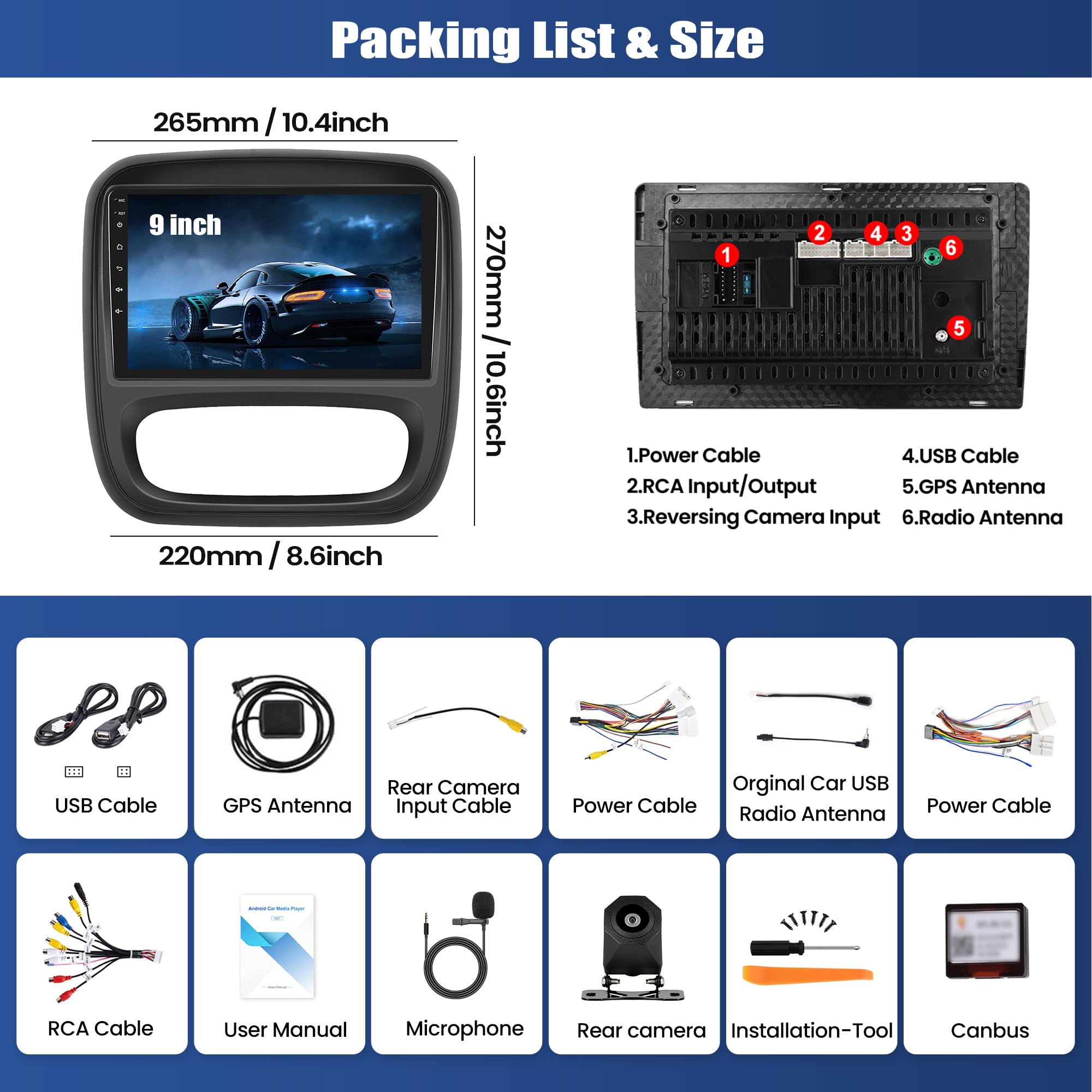 SIXWIN 4+64 Go Android 15 Autoradio pour Renault Trafic 3 (2014–2021) Opel Vivaro B (2014–2018) avec CarPlay Android Auto – Écran Tactile 9'' Voiture, WiFi Bluetooth 5.0 FM/RDS 32EQ USB avec Caméra