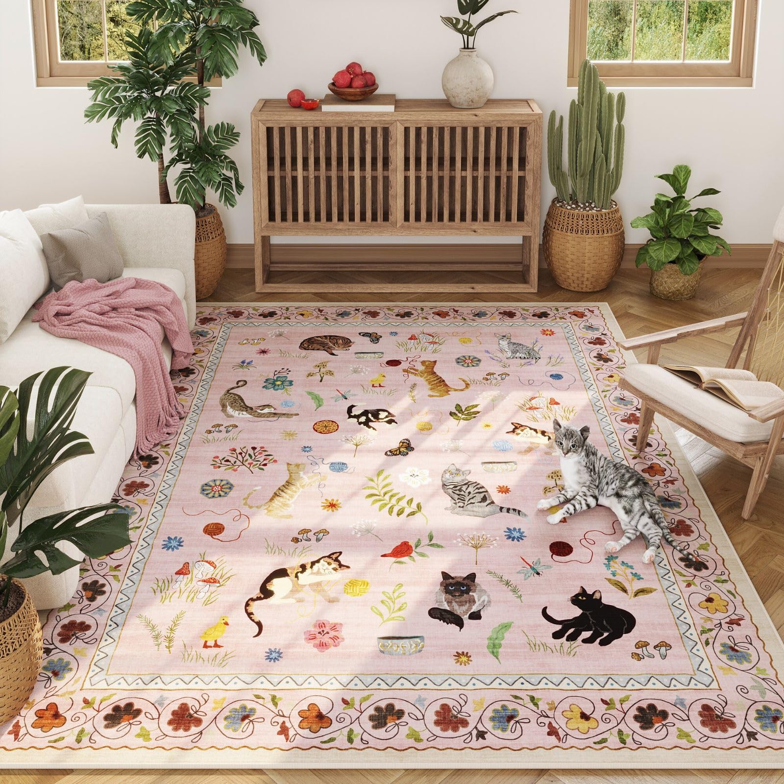 Rugcomf Living Room Rug 5x7 Rug Machine Washable Boho Area Rug Non Slip Floral Animal Cat Vintage Low Pile Large Rugs for Living Room Bedroom Farmhouse Dining Room Kids Playroom, Pink — image 1