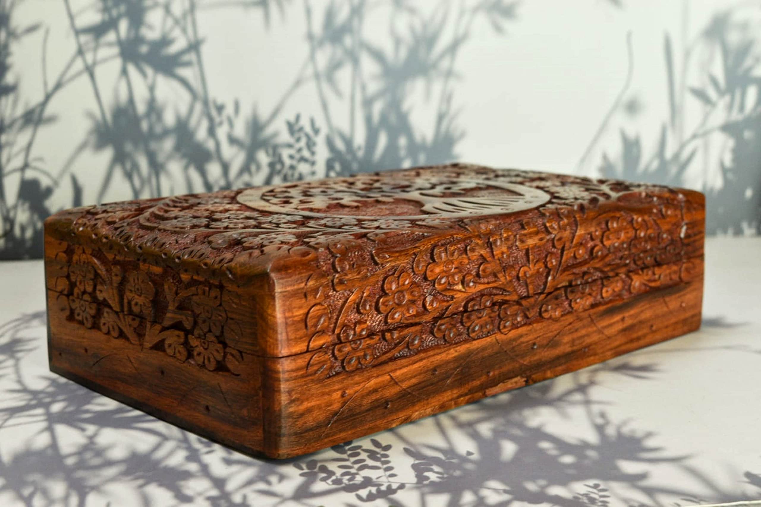 India House-Hand Engraved TREE OF LIFE Wooden Box Keepsake Jewelry Organizer &Storage (Design 13), Tree of Life- 10x6 Inch - Image 3