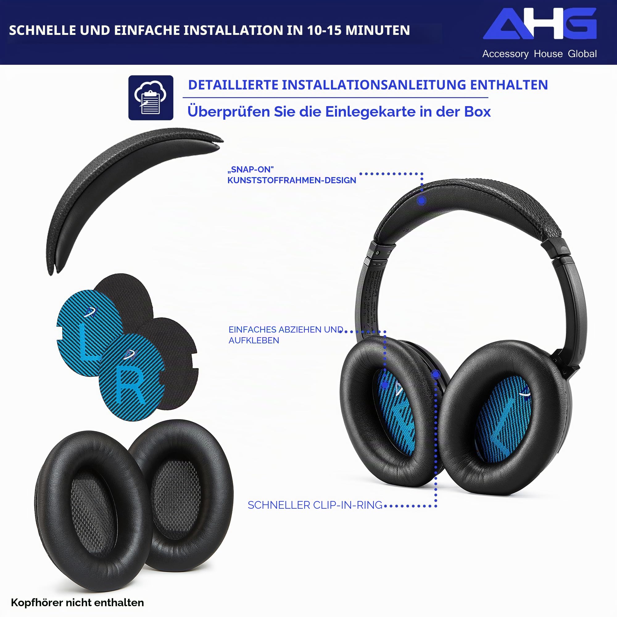 Ersatz-Ohrpolster und Ersatz Kopfbandkissen für Bose Quiet Comfort 2 (QC2) und Quiet Comfort 15(QC15) Kopfhörer (QC2 und QC15, Schwartz)