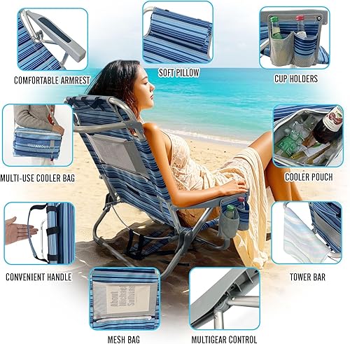 Miniatura 4 de Silla de playa tipo mochila de aluminio, paquete de 2 con mesa de camping plegable, 5 posiciones, silla de descanso plana para exteriores para