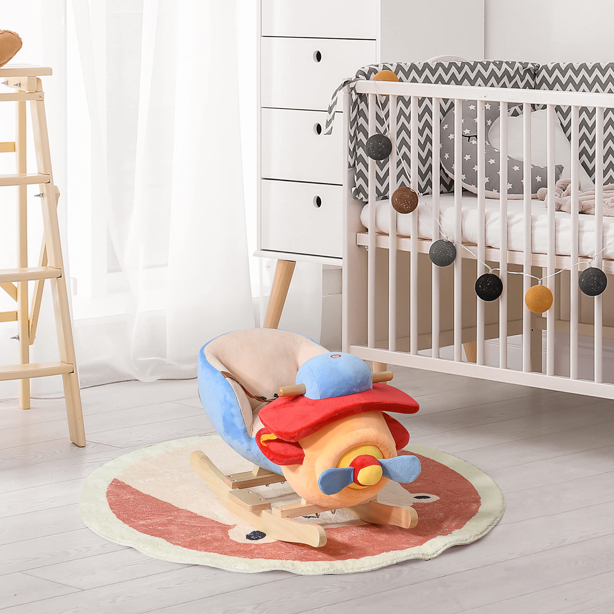 HOMCOM Cavallo a Dondolo a Forma di Aeroplano per Bambini 60x33x45cm | Età Superiore a 18 Mesi, Cacalluccio a Dondolo, Musica Incorporata, Legno Alamo, Max:60kg